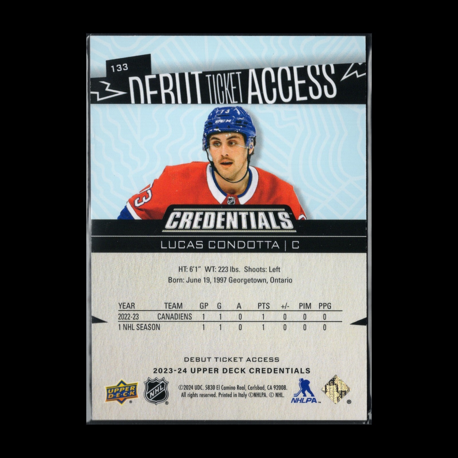 2023-24 UD Credentials LUCAS CONDOTTA #133 Debut Ticket Access Rookie RC /999