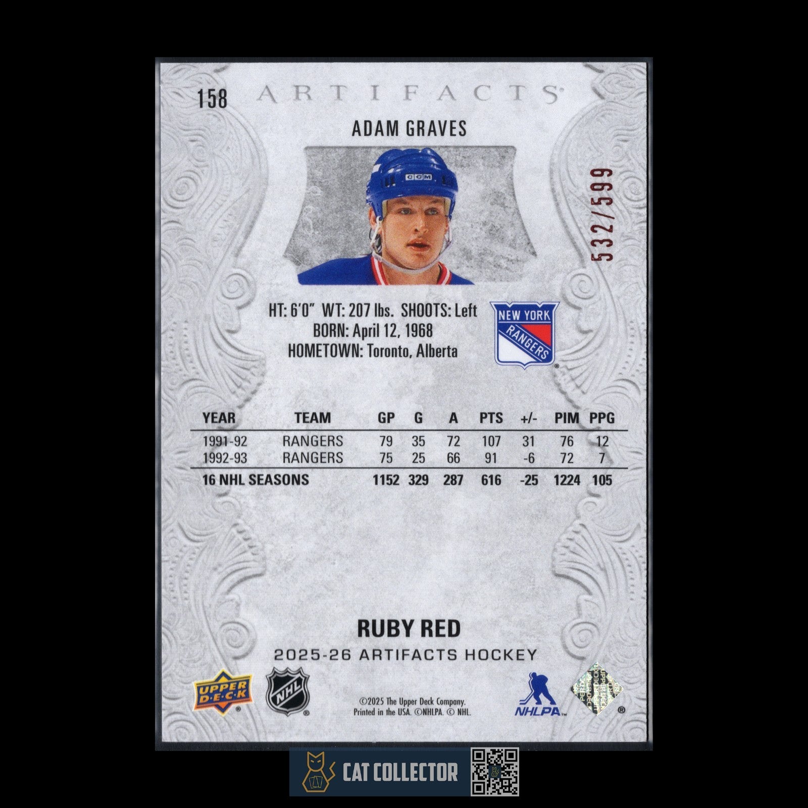 2025-26 UD Artifacts ADAM GRAVES #158 Ruby Red Legends /599