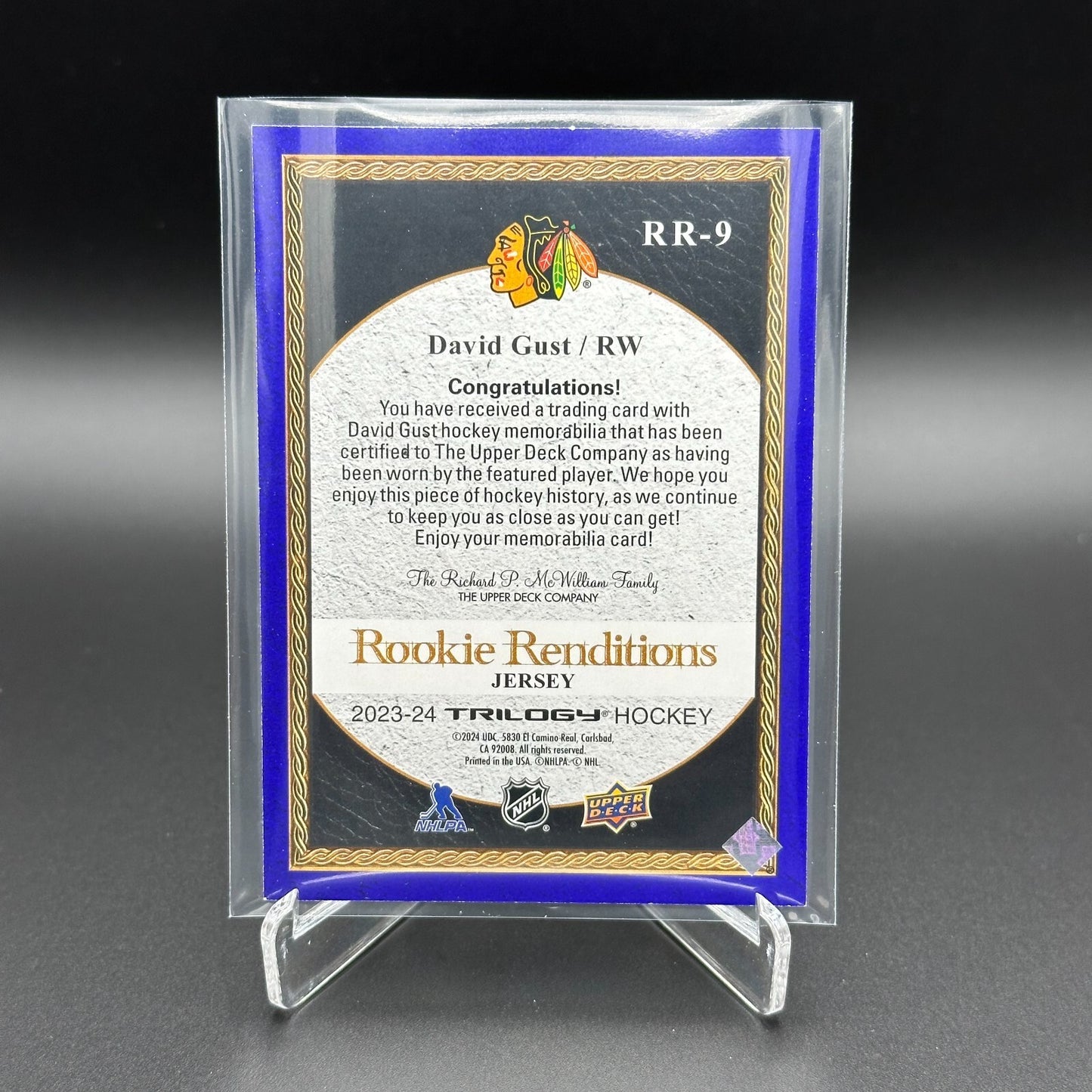 2023-24 UD Trilogy DAVID GUST #RR-9 Rookie Renditions Jersey Chicago Blackhawks