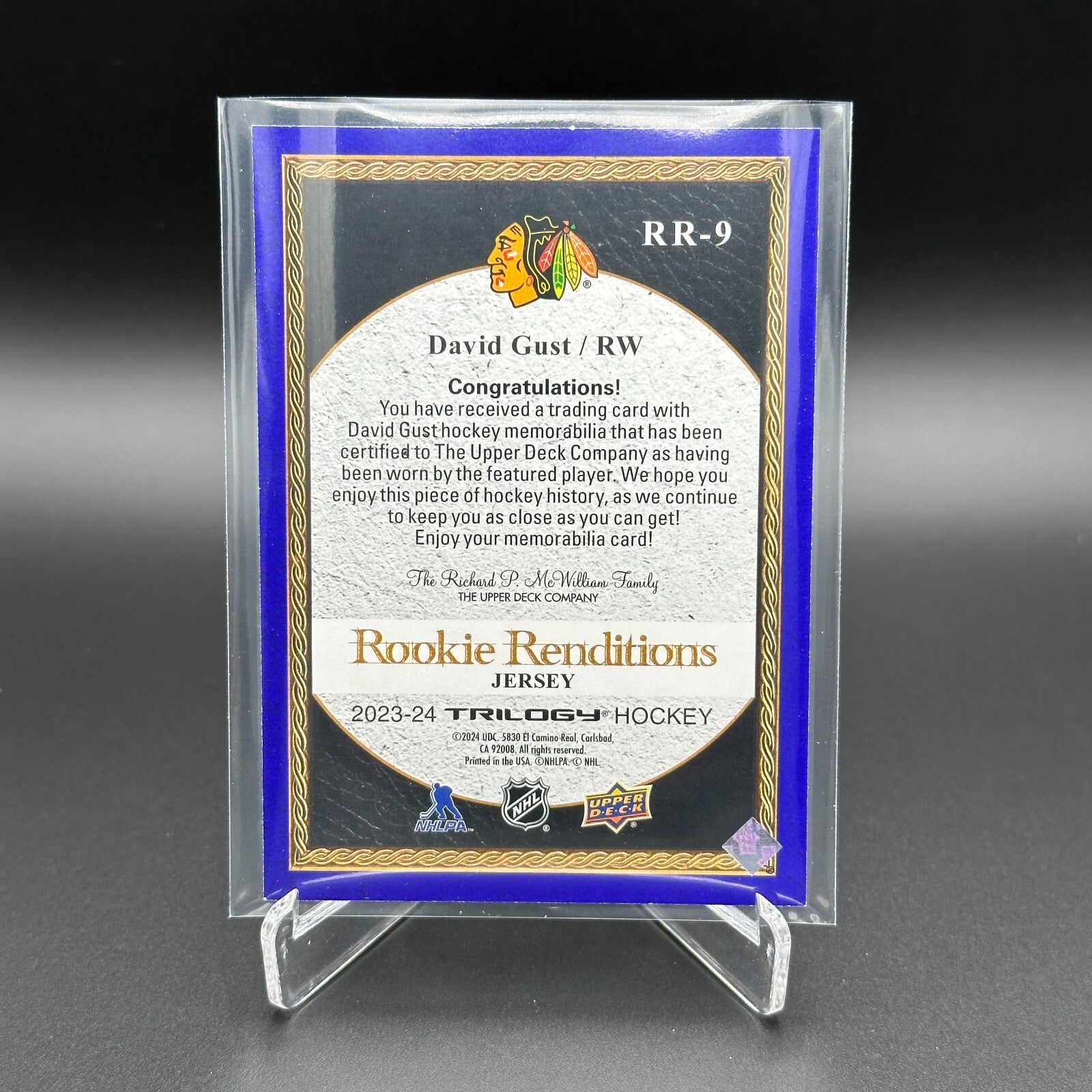 2023-24 UD Trilogy DAVID GUST #RR-9 Rookie Renditions Jersey Chicago Blackhawks