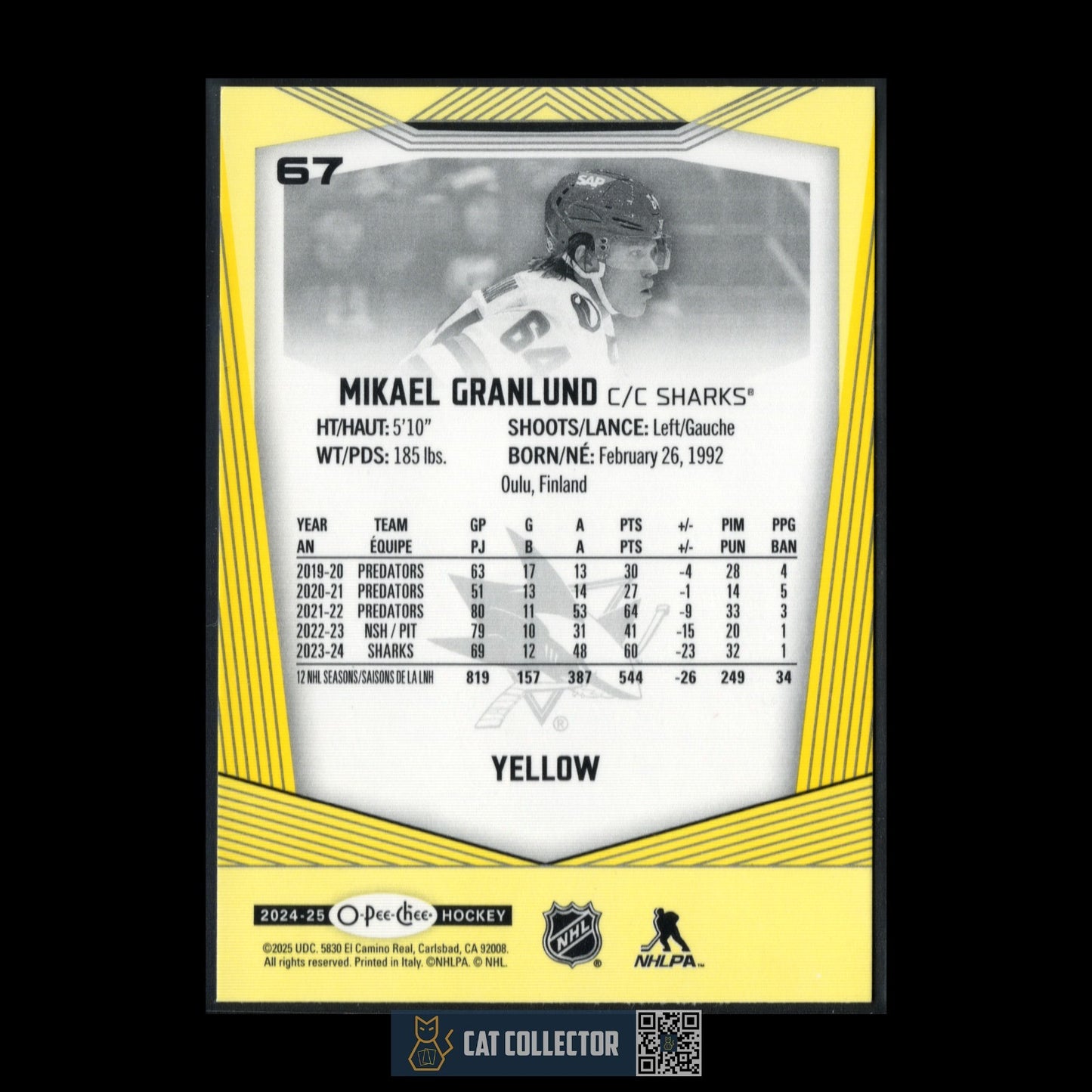 2024-25 O-Pee-Chee MICHAEL GRANLUND #67 Yellow border - San Jose Sharks