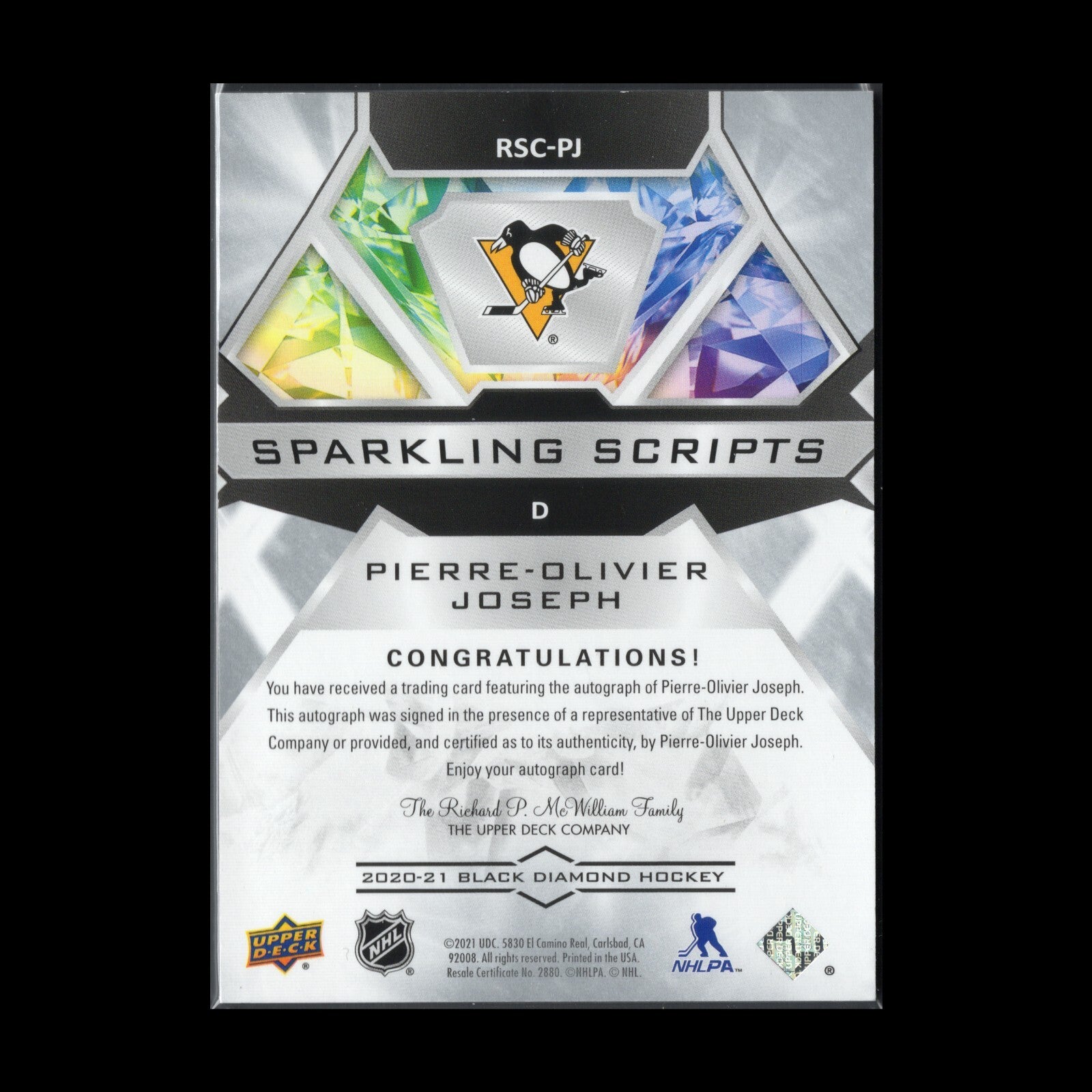 2020-21 UD Black Diamond PIERRE-OLIVIER JOSEPH #RSC-PJ Rookie Sparkling Scripts