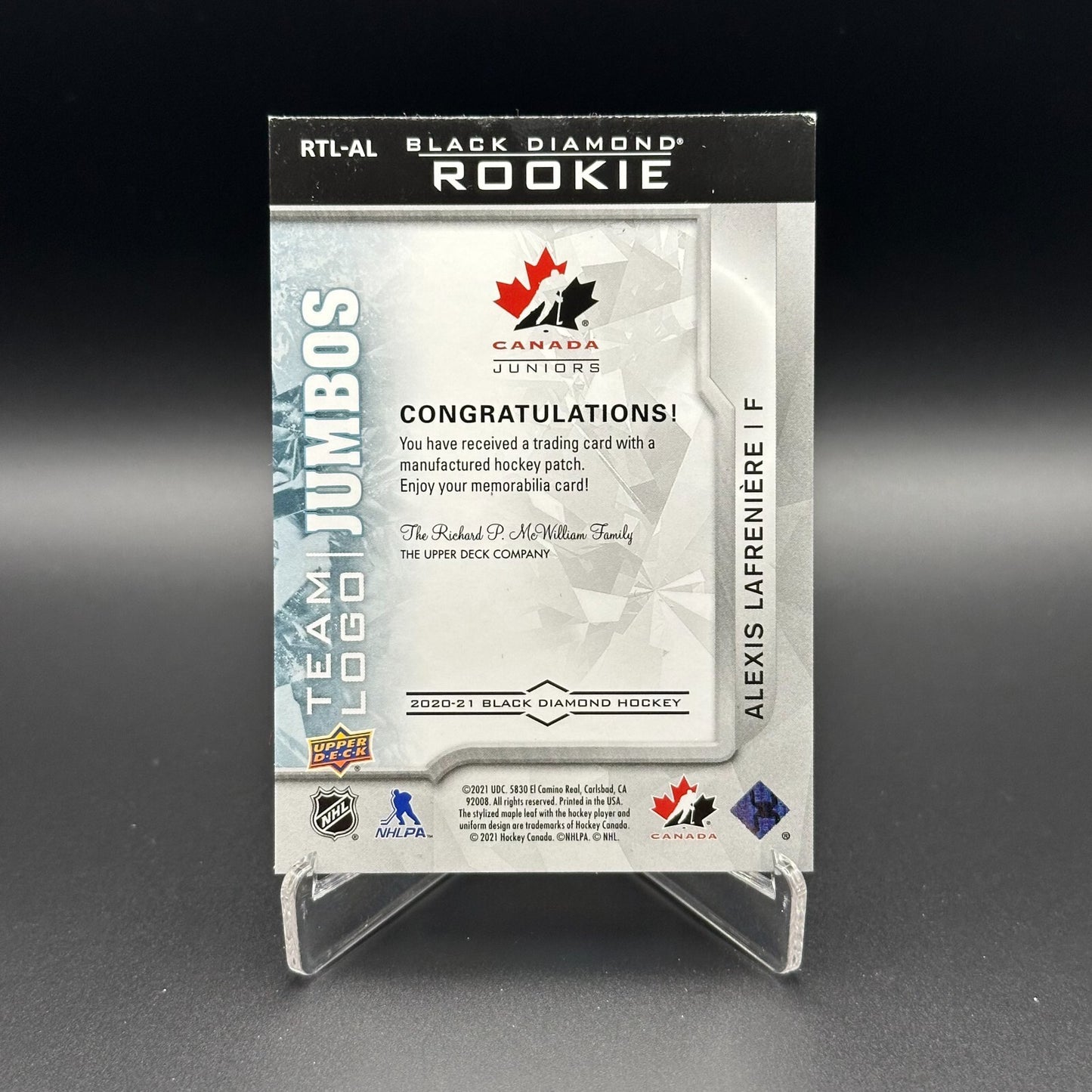 2020-21 UD Black Diamond ALEXIS LAFRENIERE #RTL-AL Team Logo Jumbo - Canada