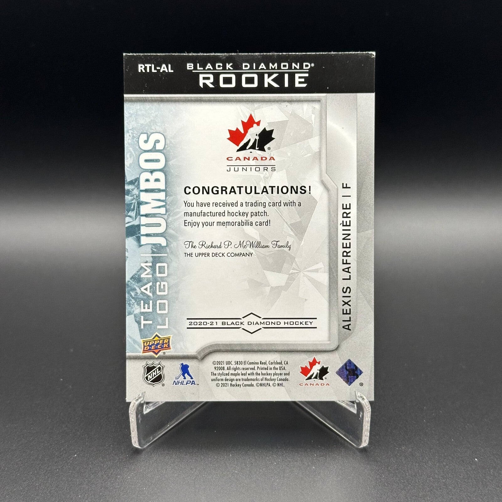2020-21 UD Black Diamond ALEXIS LAFRENIERE #RTL-AL Team Logo Jumbo - Canada