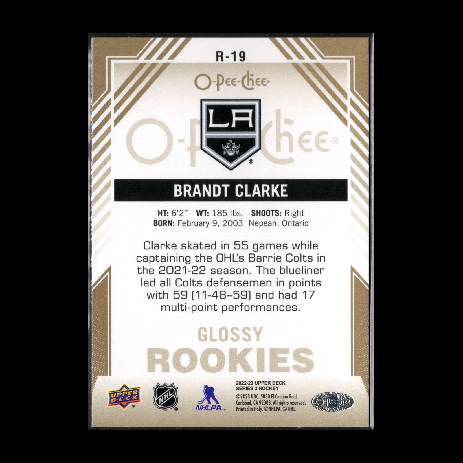 2022-23 O-Pee-Chee Series 2 BRANDT CLARKE #R-19 Glossy Rookies Gold