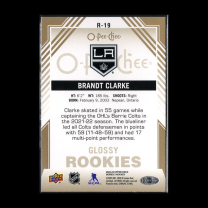 2022-23 O-Pee-Chee Series 2 BRANDT CLARKE #R-19 Glossy Rookies Gold