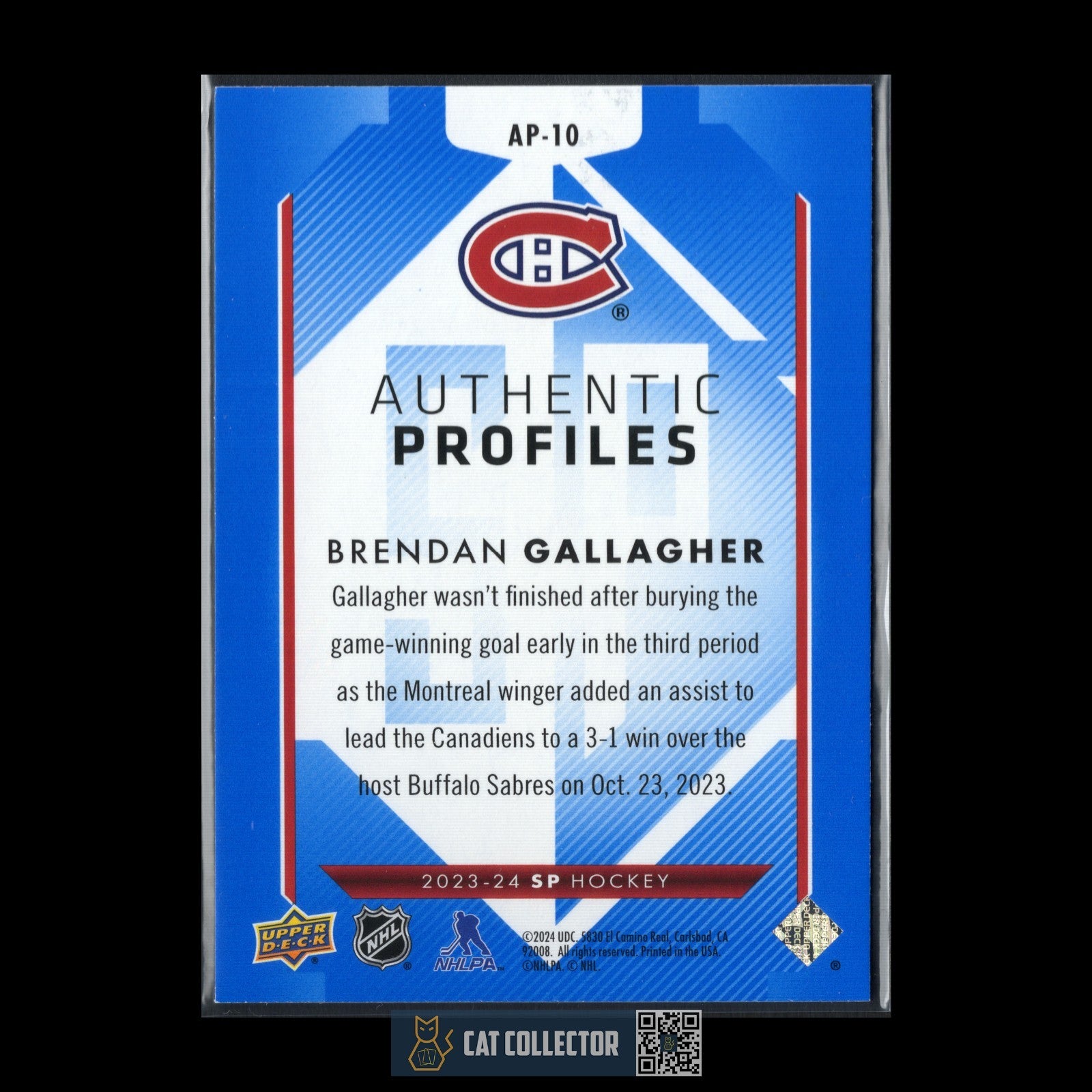 2023-24 UD SP Authentic BRENDAN GALLAGHER #AP-10 Authentic Profiles