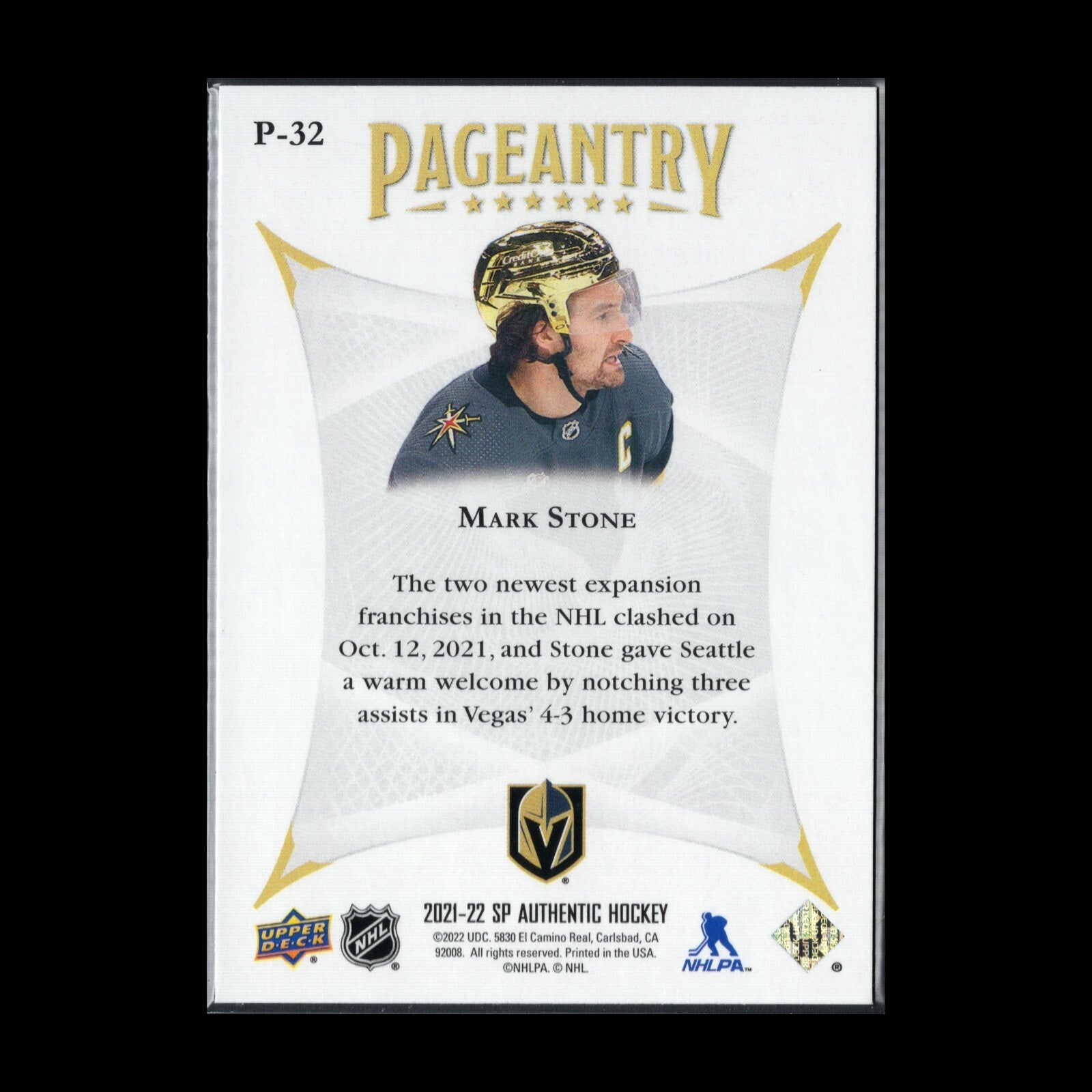 2021-22 UD SP Authentic MARK STONE #P-32 Pageantry - Vegas Golden Knights