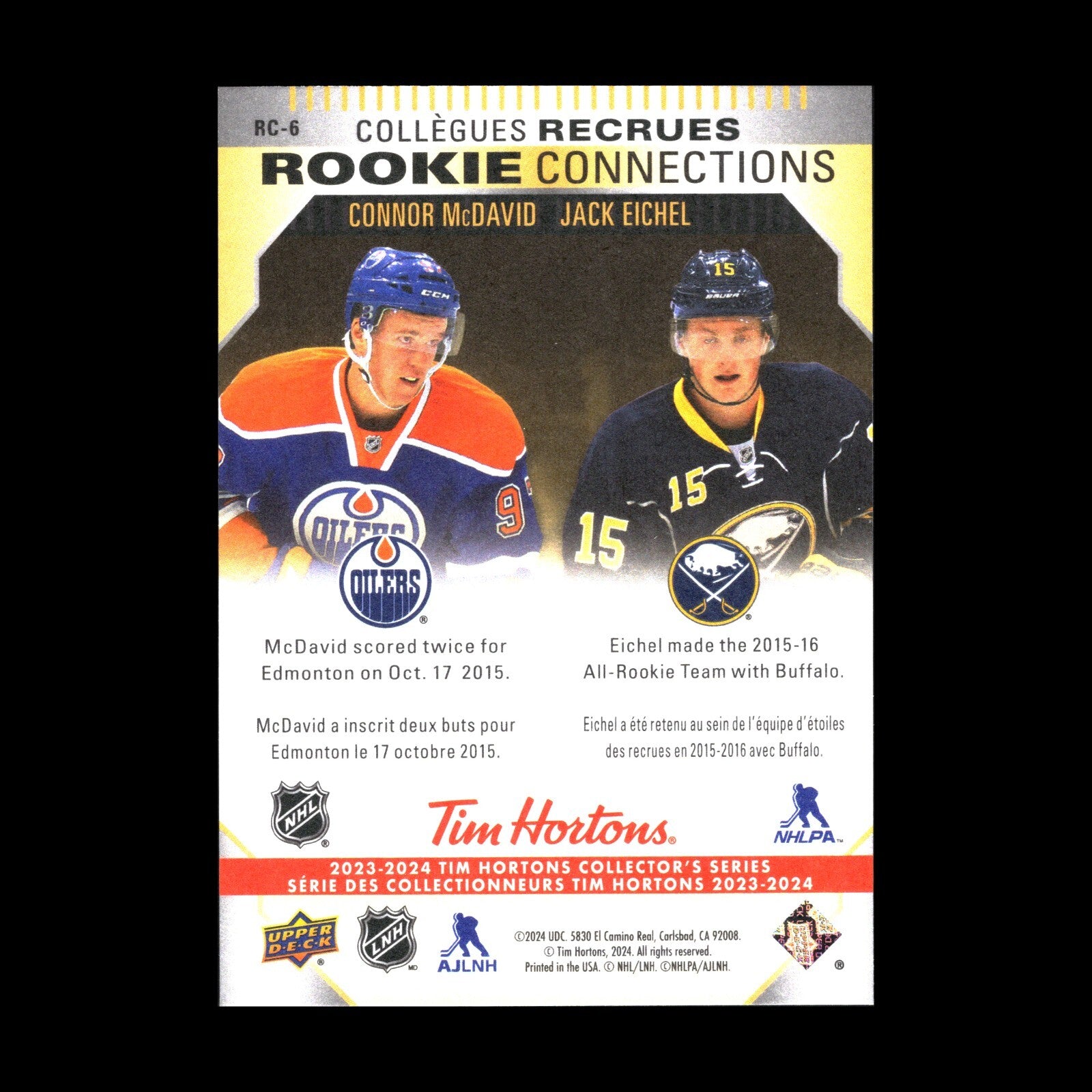 2023-24 UD Tim Hortons CONNOR McDAVID/JACK EICHEL #RC-6 Rookie Connections