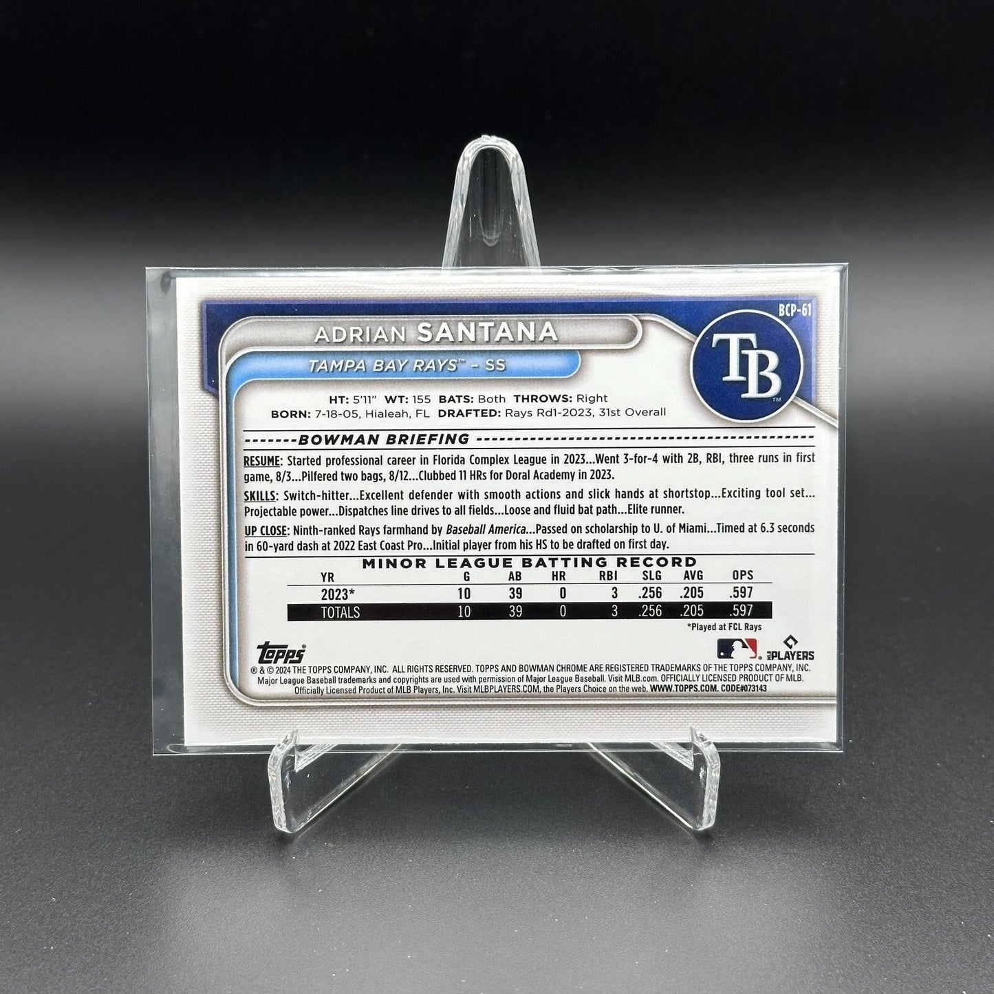 2024 Topps Chrome Bowman ADRIAN SANTANA #BCP-61 Prospect RC - Tampa Bay Rays