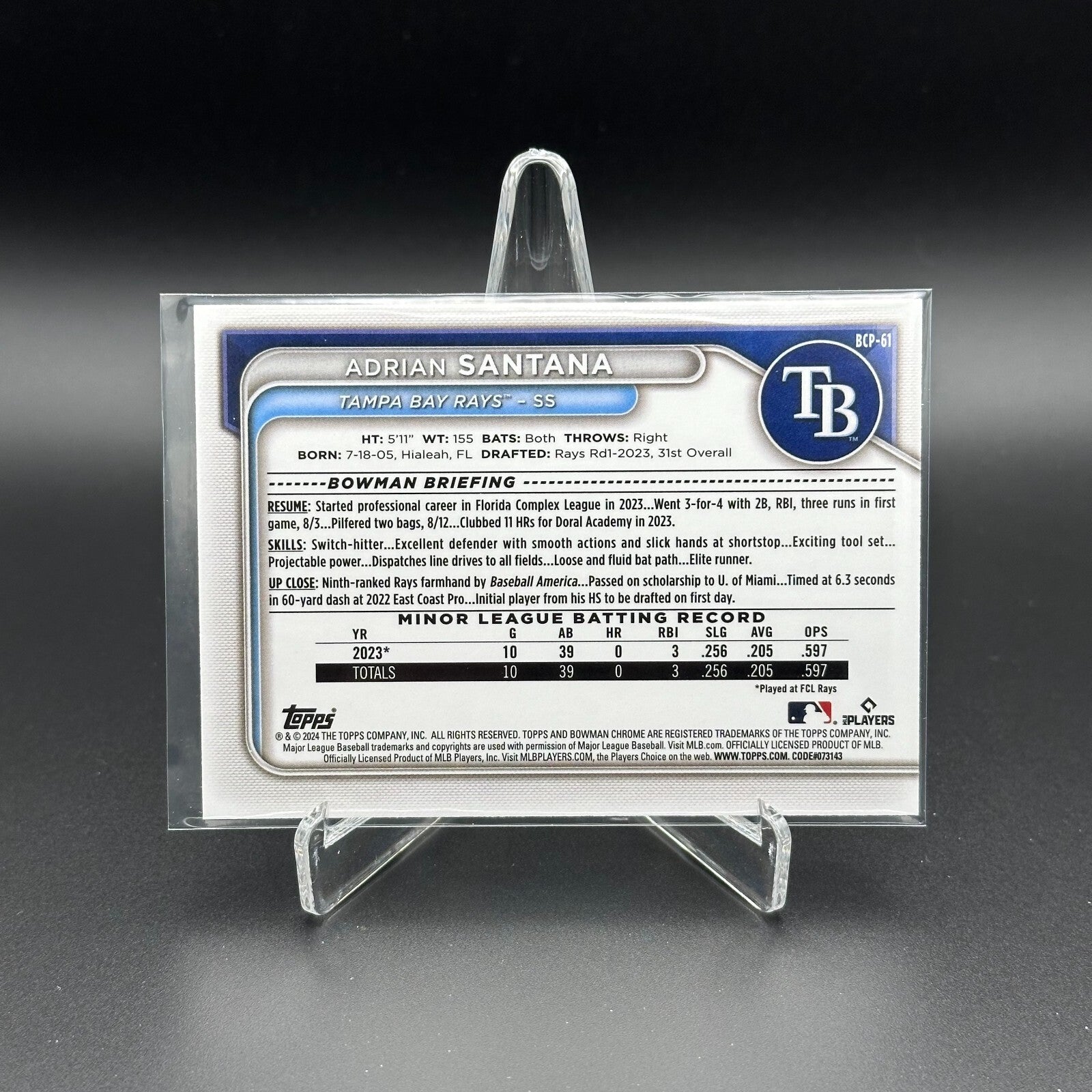 2024 Topps Chrome Bowman ADRIAN SANTANA #BCP-61 Prospect RC - Tampa Bay Rays
