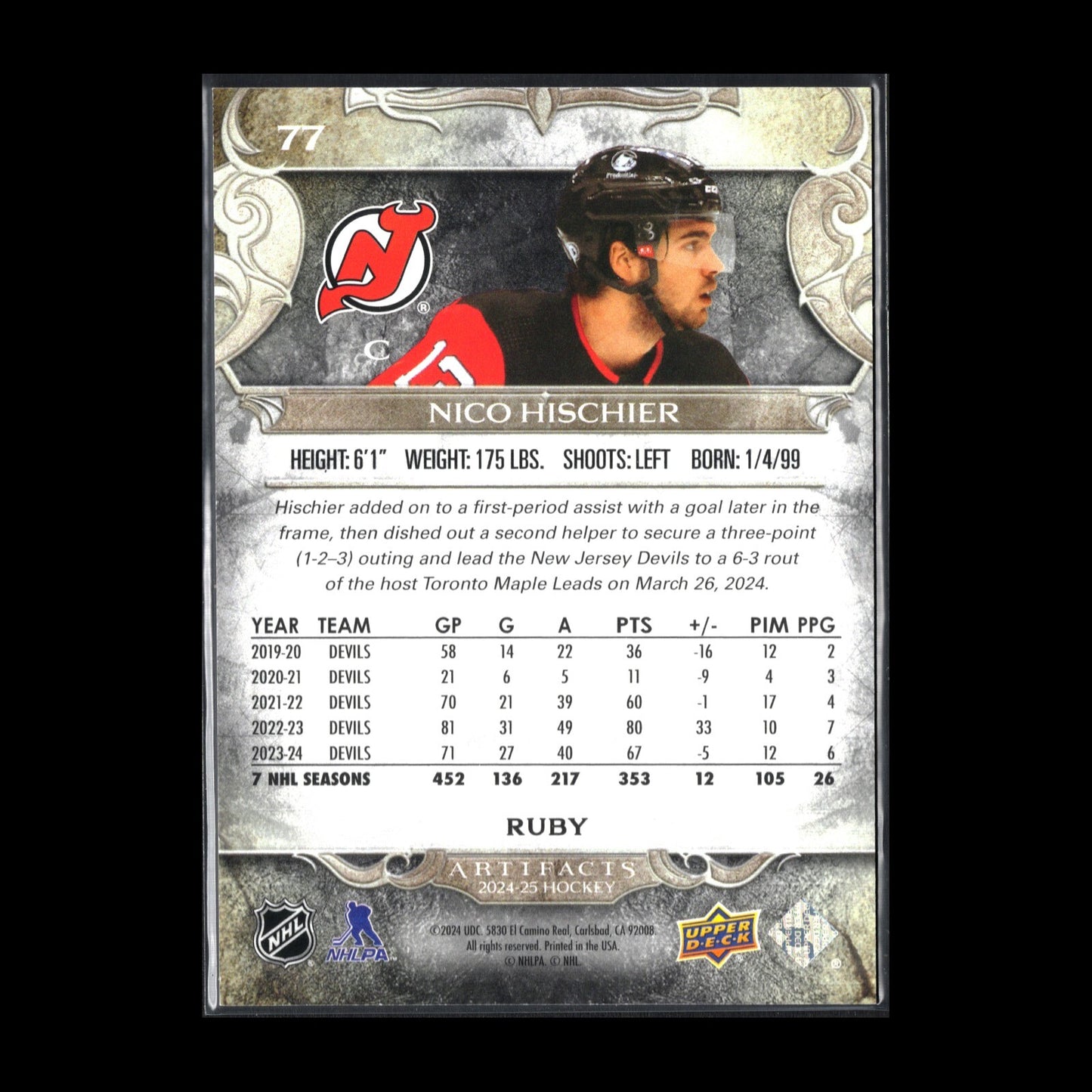 2024-25 UD Artifacts NICO HISCHIER #77 Ruby /499 - New Jersey Devils