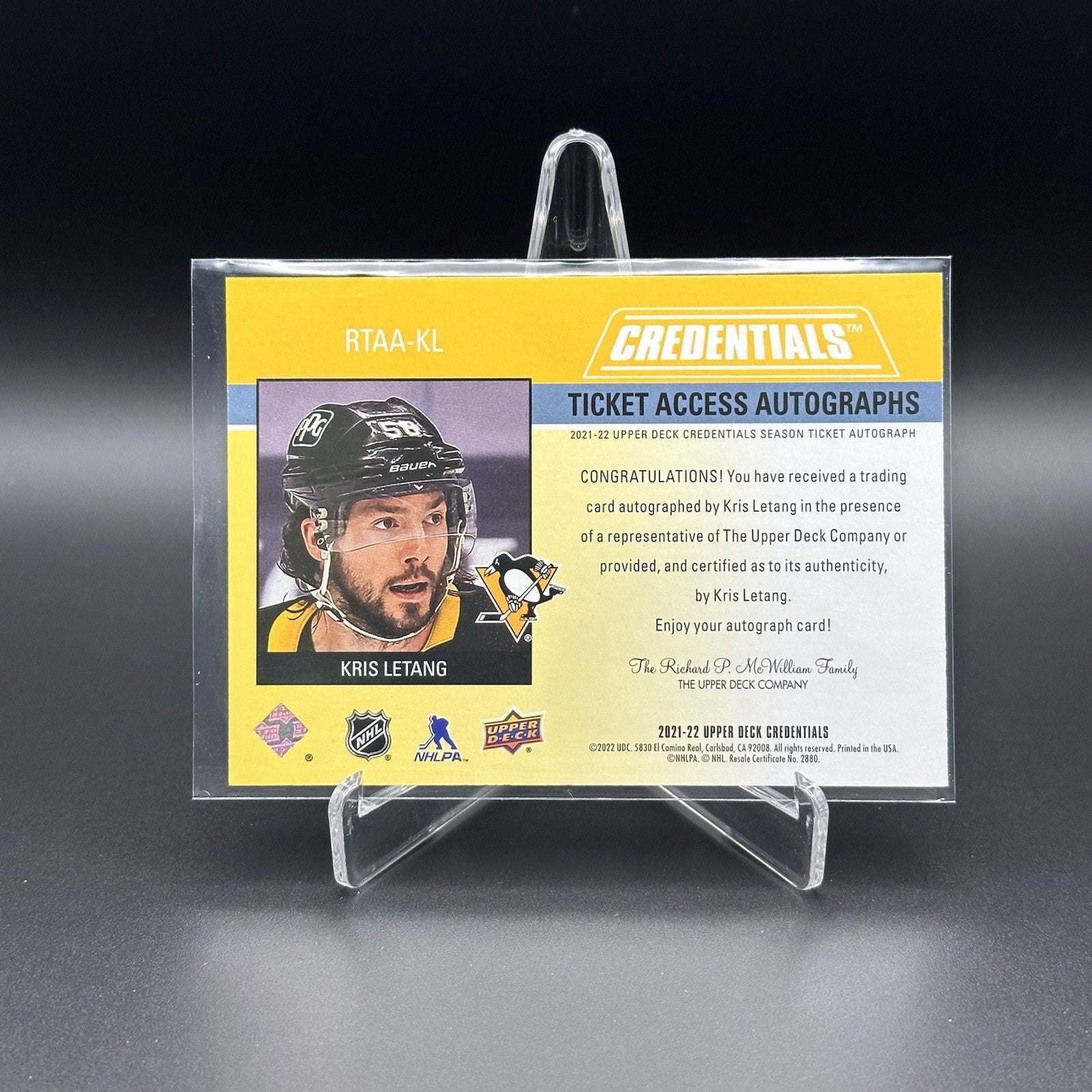 2021-22 UD Credentials KRIS LETANG #RTAA-KL Ticket Access Autographs /15