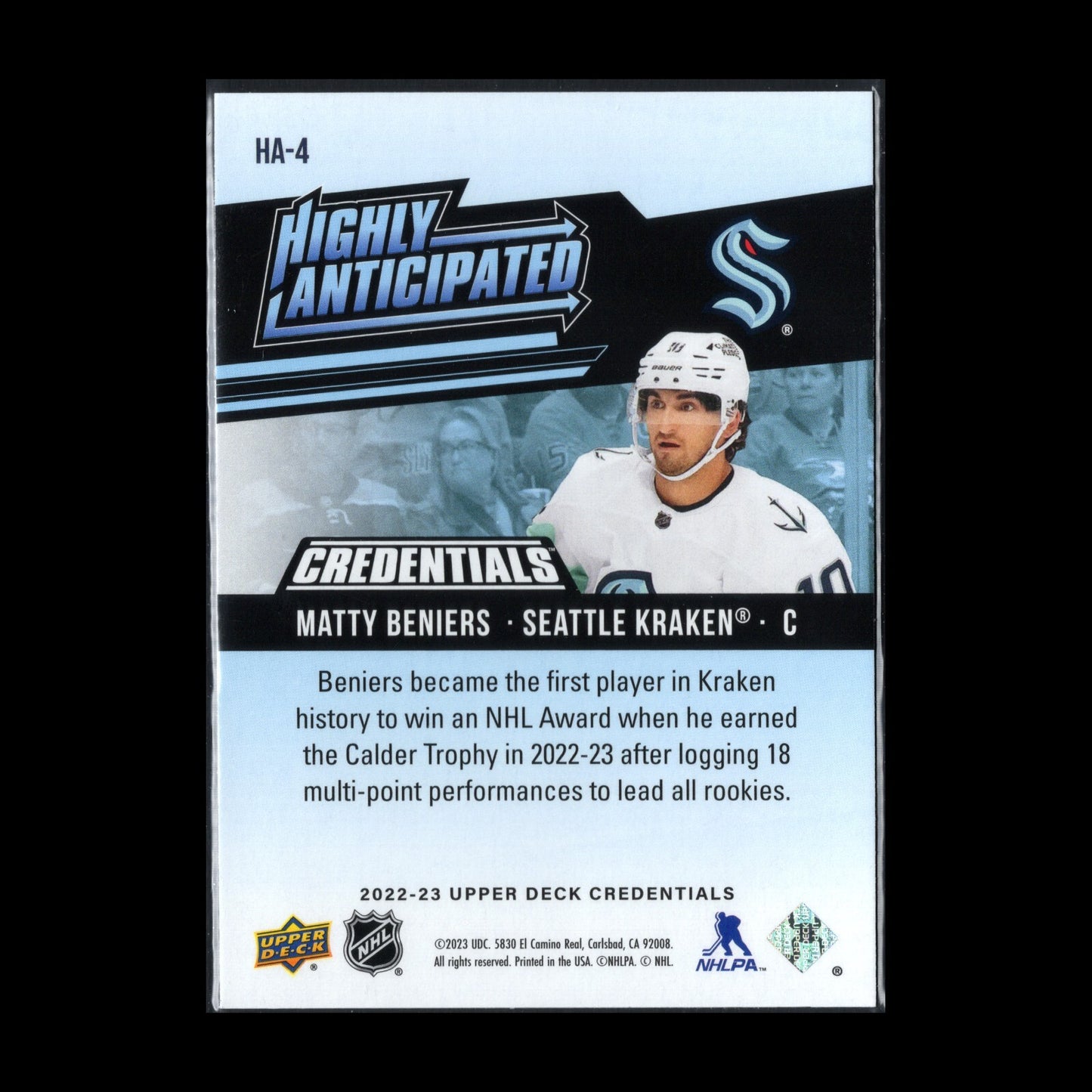 2022-23 UD Credentials MATTY BENIERS #HA-4 Highly Anticipated