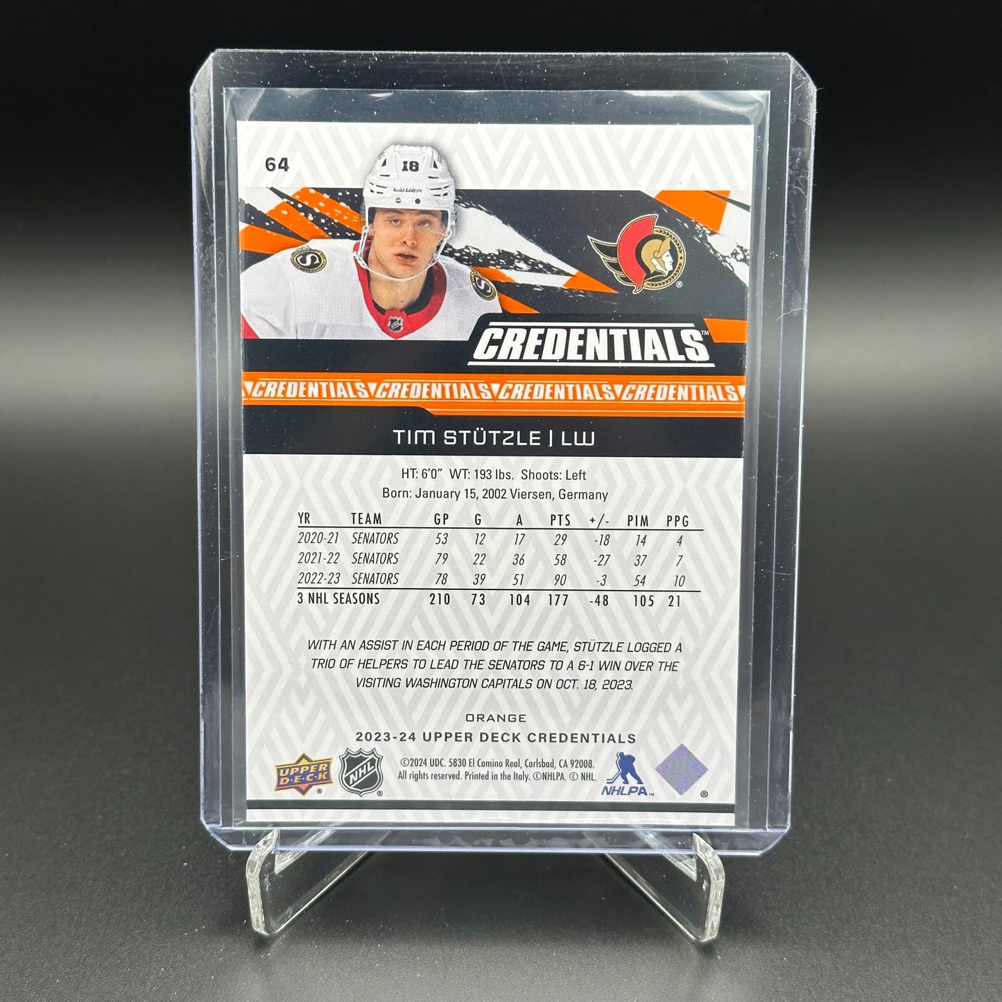 2023-24 UD Credentials TIM STUTZLE #64 Orange /249 - Ottawa Senators