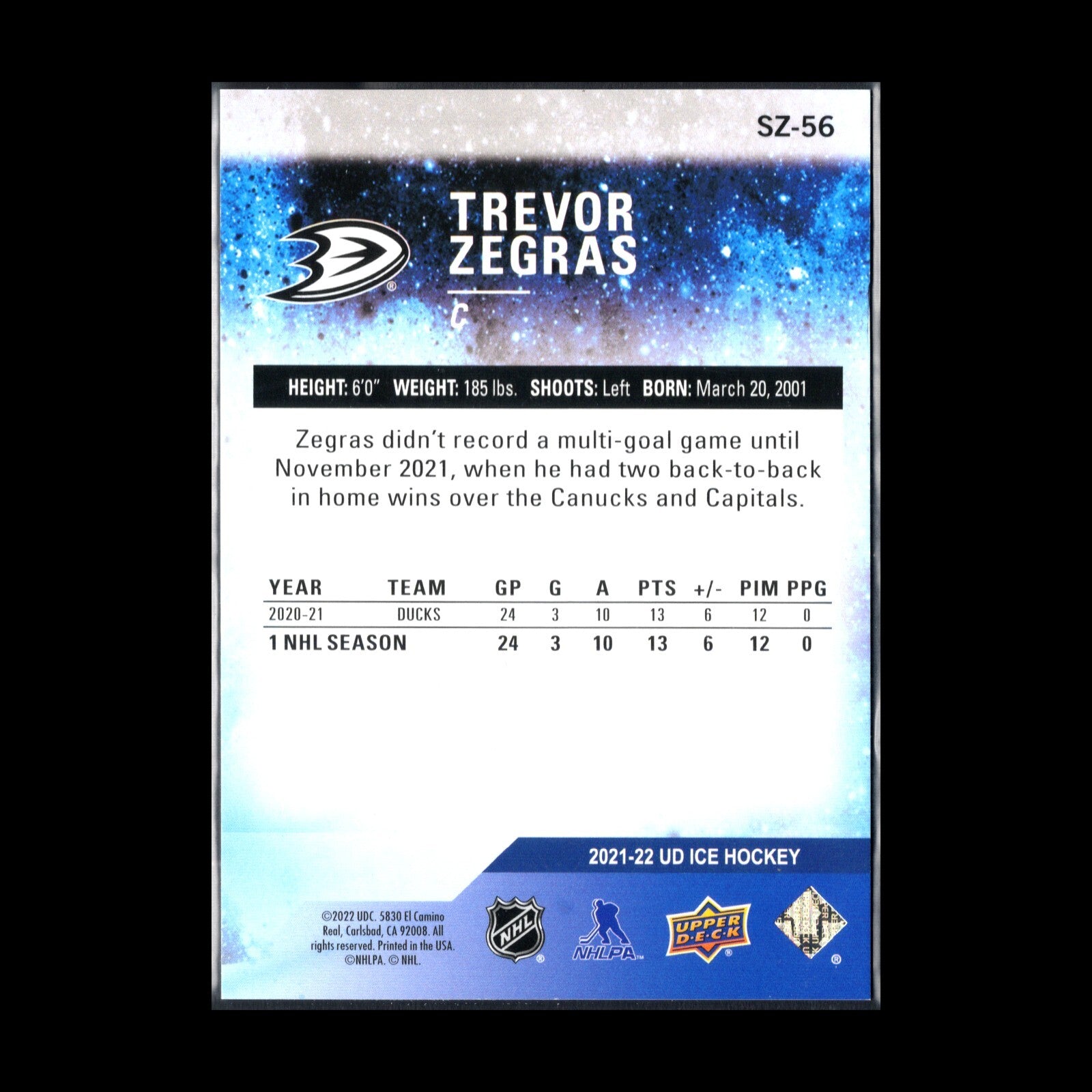 2021-22 UD Ice TREVOR ZEGRAS #SZ-56 Sub-Zero Rookies RC 832/999 - Anaheim Ducks