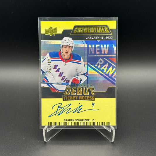 2022-23 UD Credentials BRADEN SCHNEIDER #DTAA-BS Debut Ticket Access AUTO /125