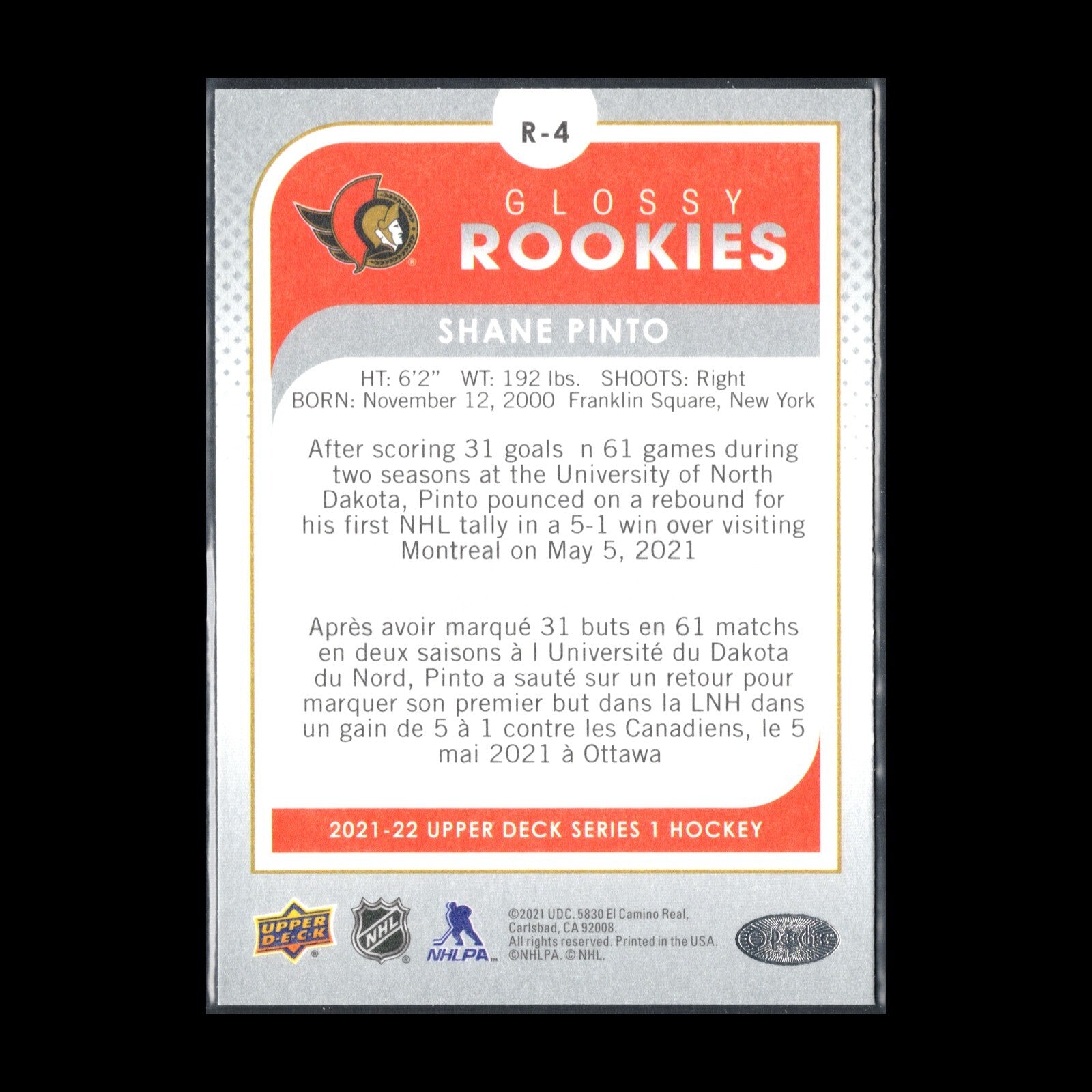 2021-22 UD Series 1 SHANE PINTO #R-4 O-Pee-Chee Glossy Rookies Silver RC