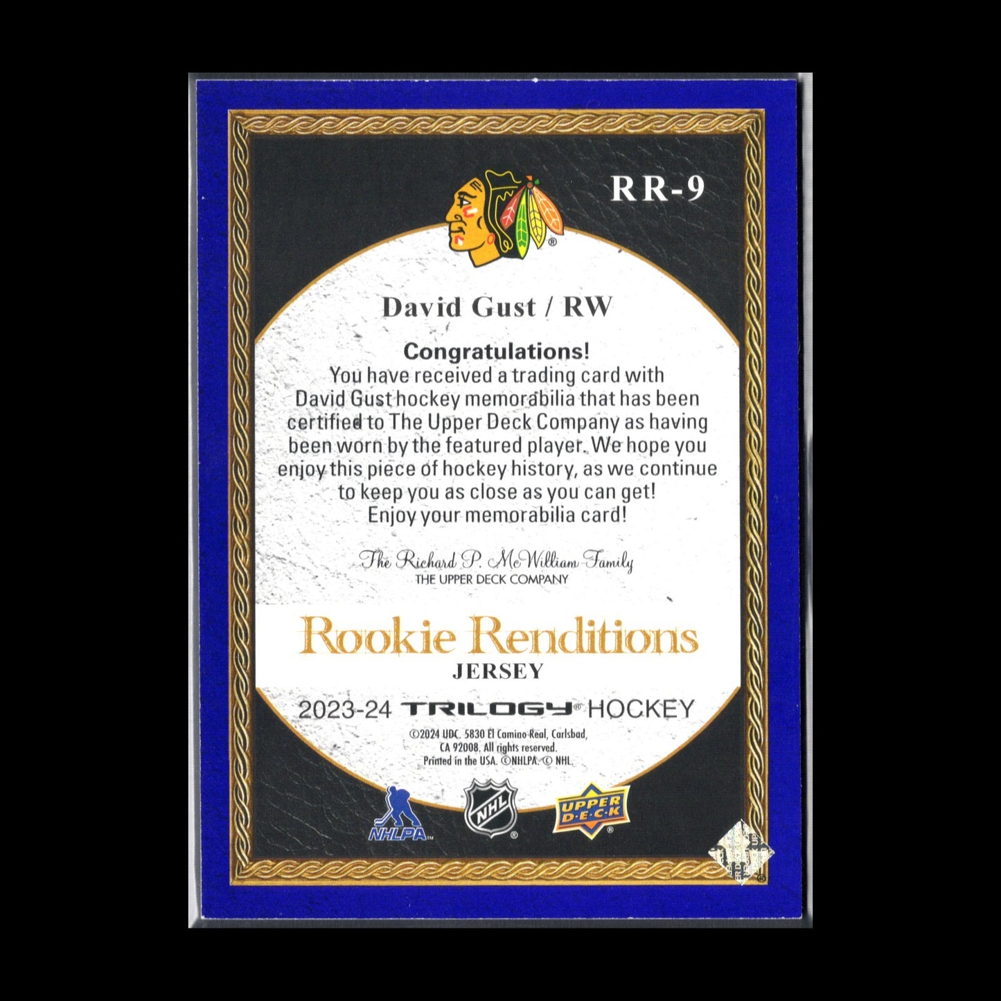 2023-24 UD Trilogy DAVID GUST #RR-9 Rookie Renditions Jersey Chicago Blackhawks