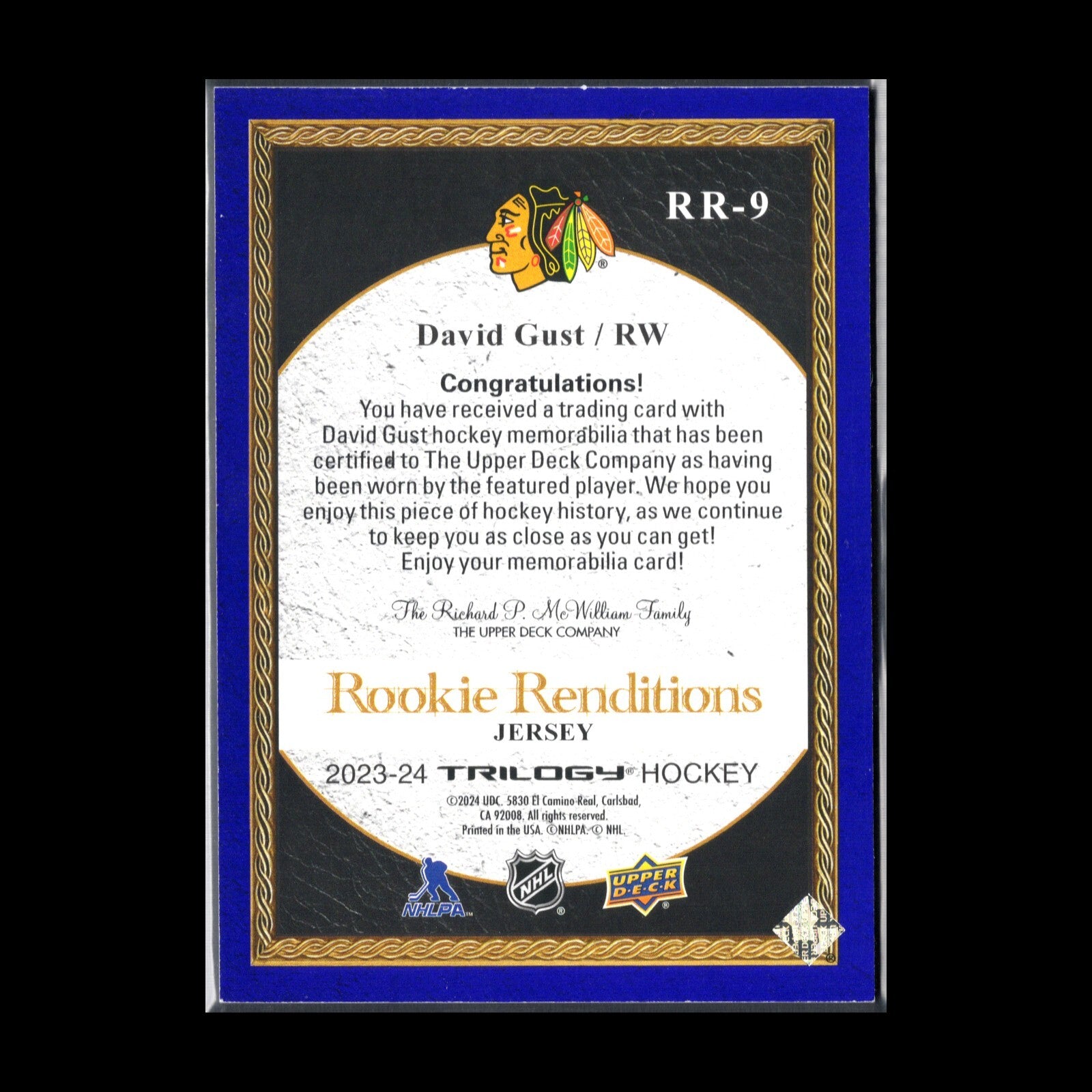 2023-24 UD Trilogy DAVID GUST #RR-9 Rookie Renditions Jersey Chicago Blackhawks