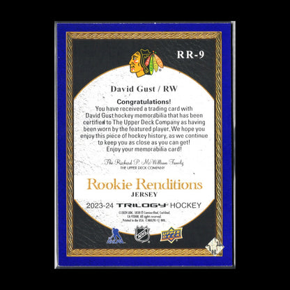 2023-24 UD Trilogy DAVID GUST #RR-9 Rookie Renditions Jersey Chicago Blackhawks