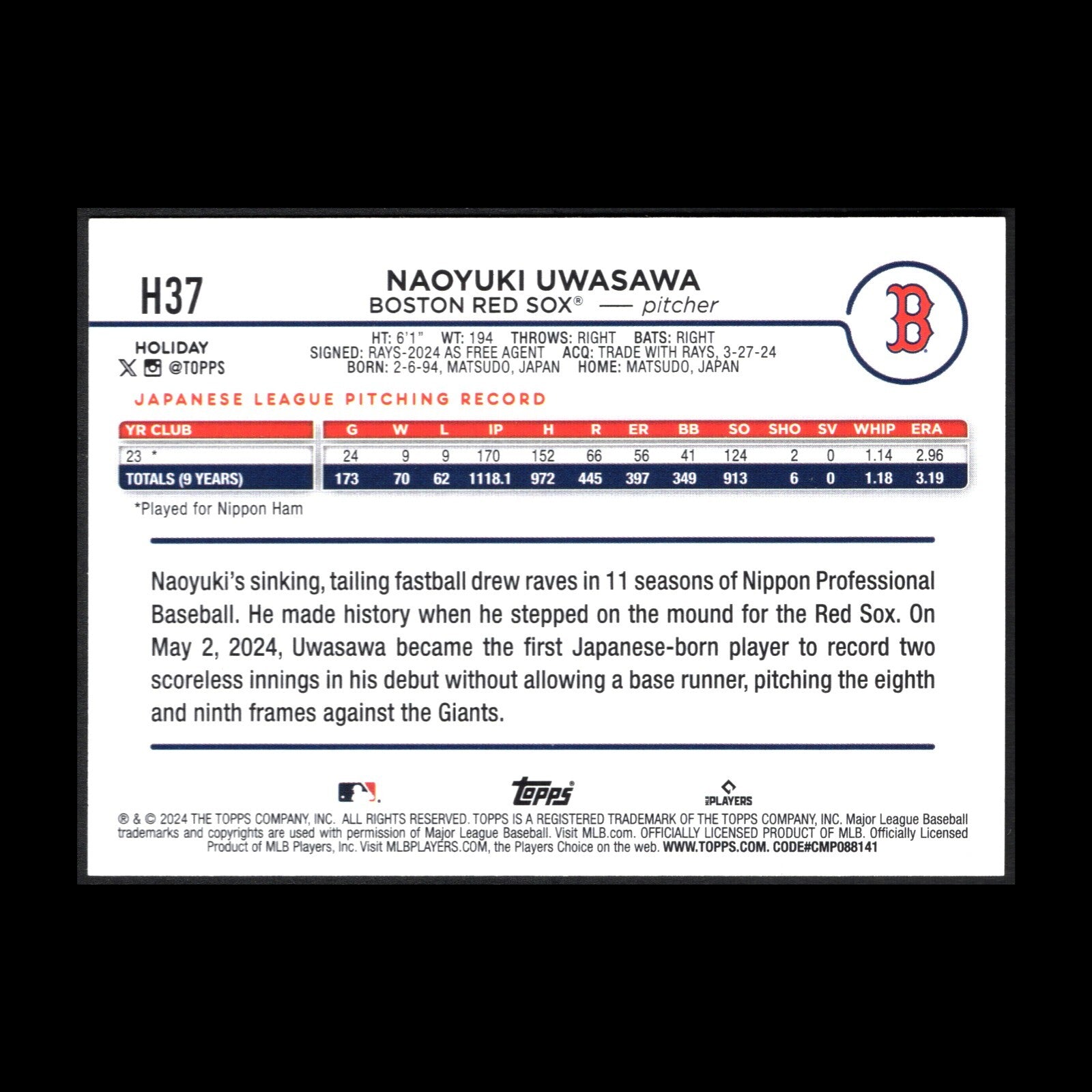 2024 Topps Holiday NOAYUKI UWASAWA #H37 RC - Boston Red Sox