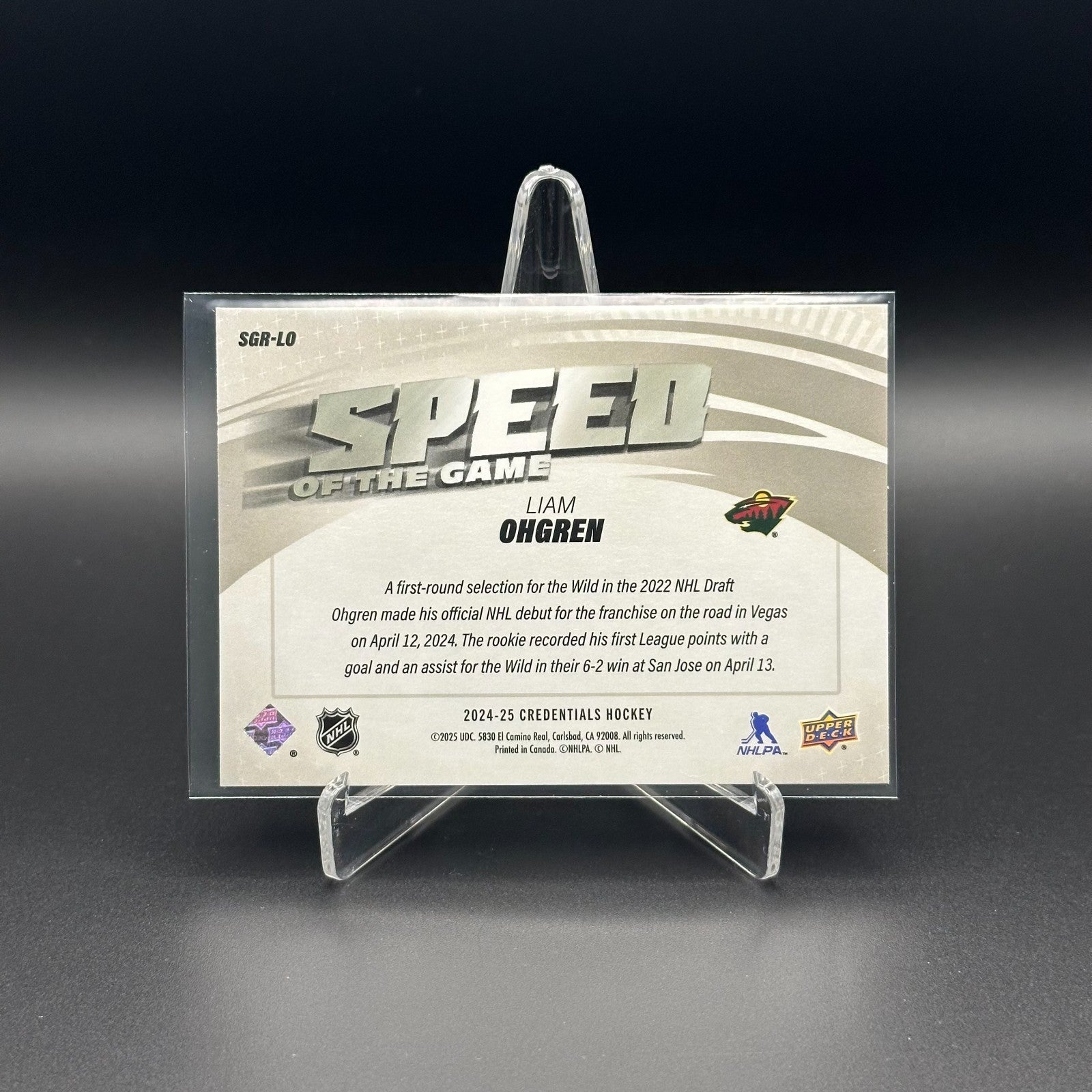 2024-25 UD Credentials LIAM OHGREN #SGR-LO Speed of the Game RC - Minesota Wild