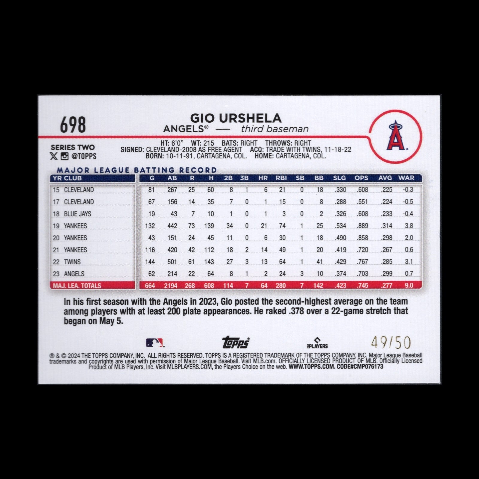 2024 Topps Series 2 GIO URSCHELA #698 Yellow crackle foil /50 - LA Angels