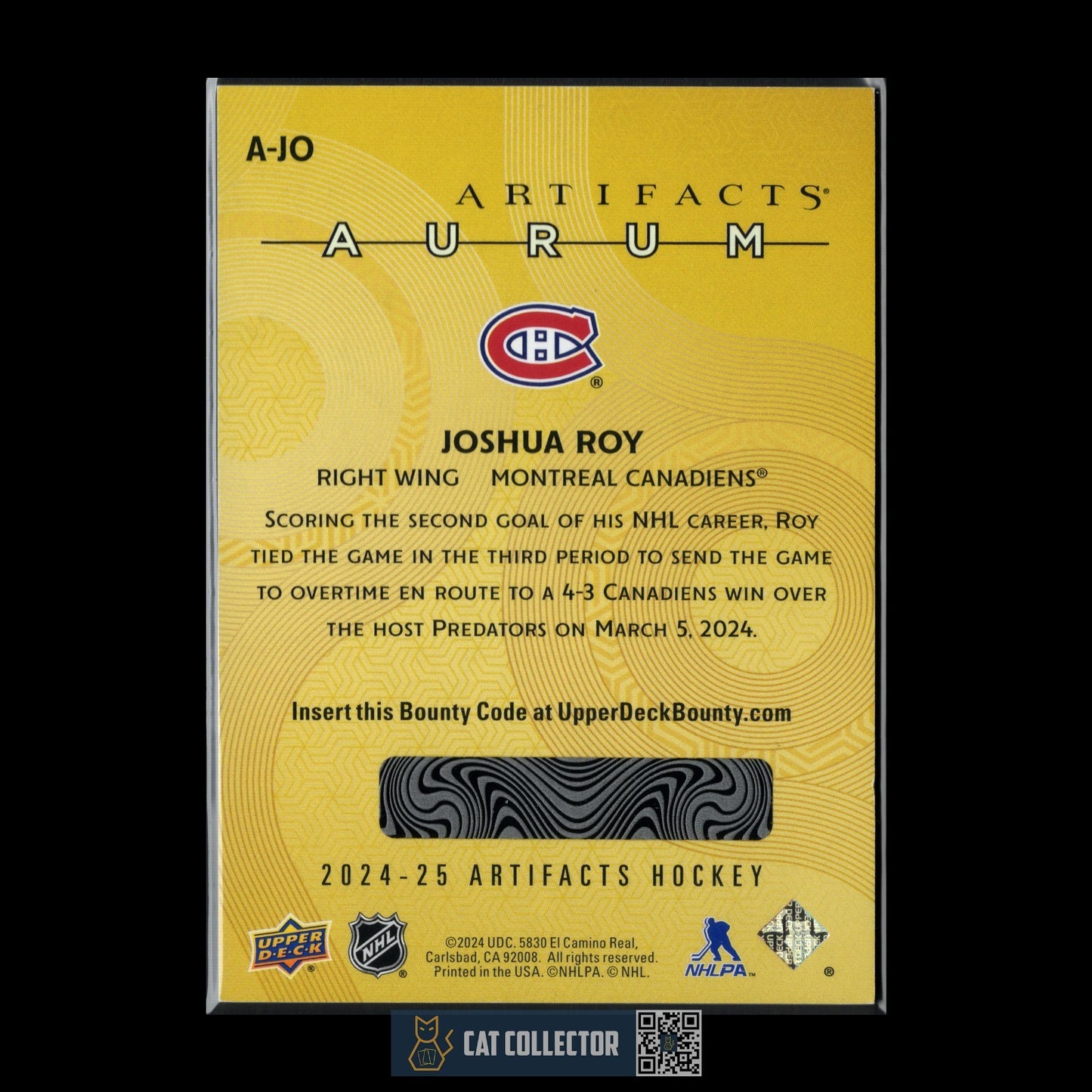 2024-25 UD Artifacts JOSHUA ROY #A-JO Aurum Bounty UNSCRATCHED Rookie