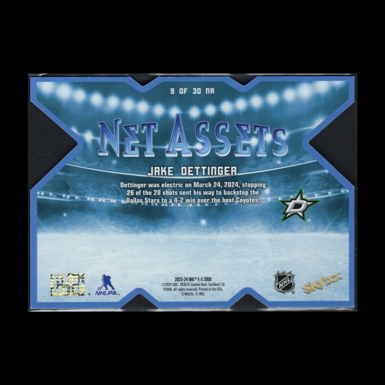 2023-24 SkyBox E-X 2000 JAKE OETTINGER #9 of 30 Net Assets - Dallas Stars