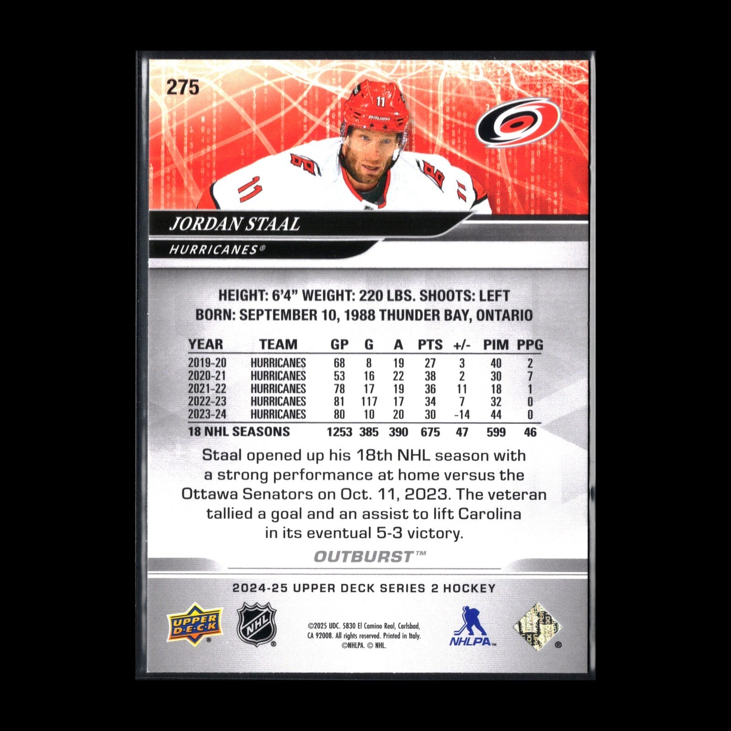 2024-25 UD Series 2 JORDAN STAAL #275 Outburst - Carolina Hurricanes