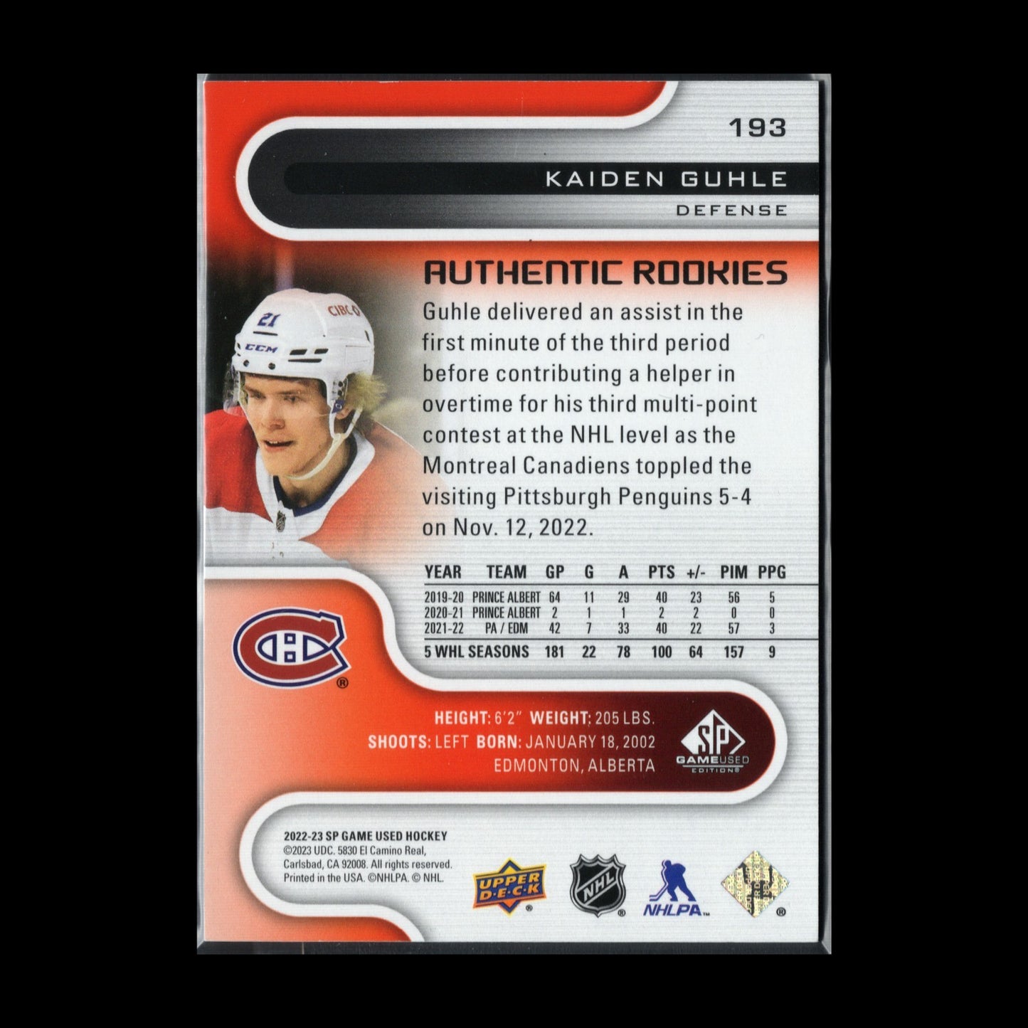 2022-23 UD SP Game Used KAIDEN GUHLE #193 Authentic Rookies Red RC 96/221