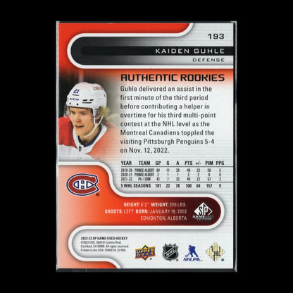 2022-23 UD SP Game Used KAIDEN GUHLE #193 Authentic Rookies Red RC 96/221