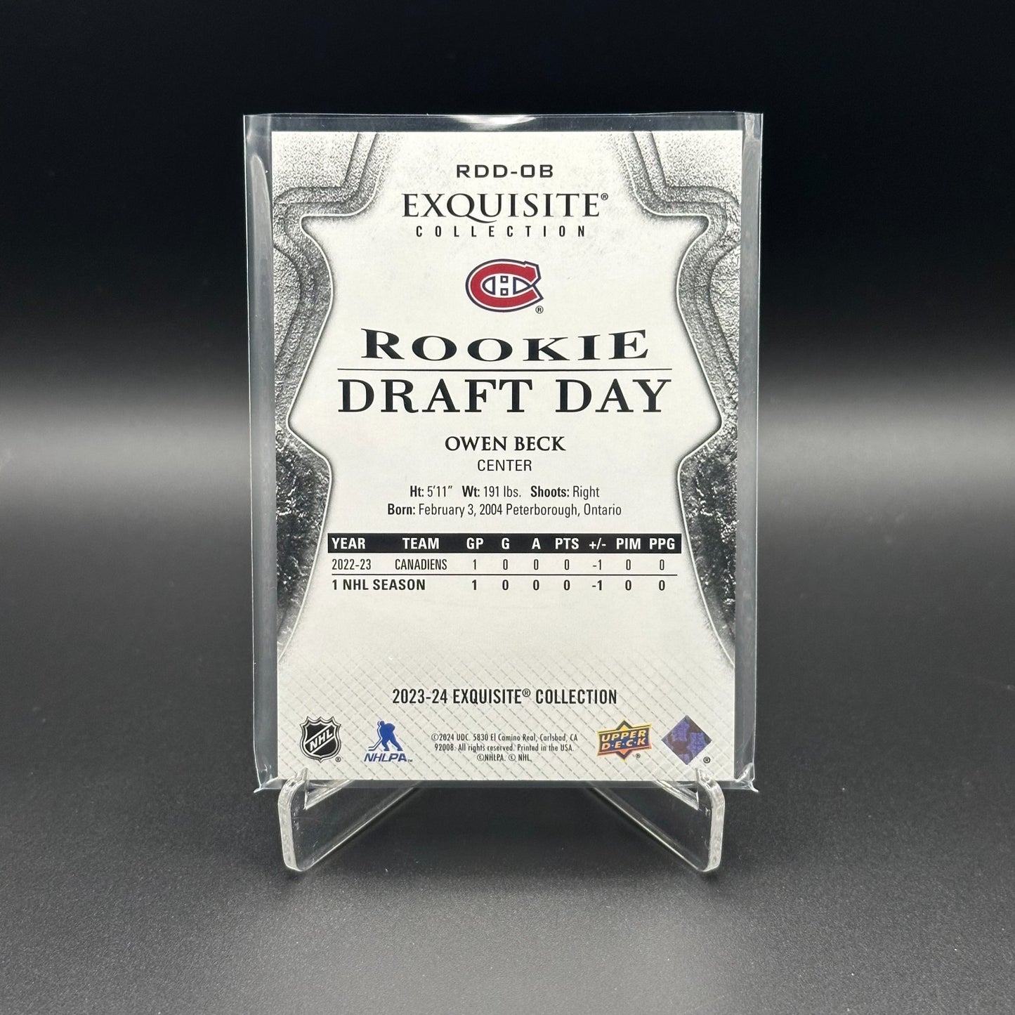 2023-24 UD Exquisite Collection OWEN BECK #RDD-OB Rookie Draft Day /349