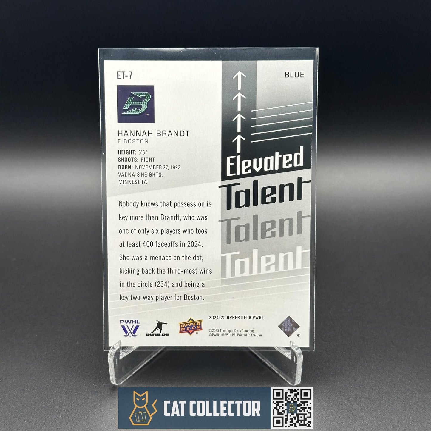 2024-25 UD PWHL HANNAH BRANDT #ET-7 Elevated Talent Blue /99 - Boston Fleet