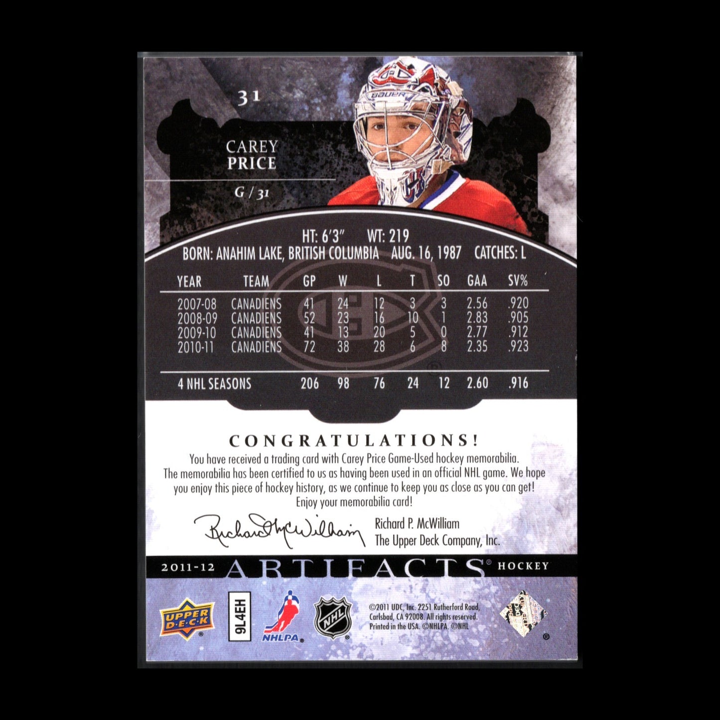 2011-12 UD Artifacts CAREY PRICE #31 Spectrum Patch /15 - Montreal Canadiens