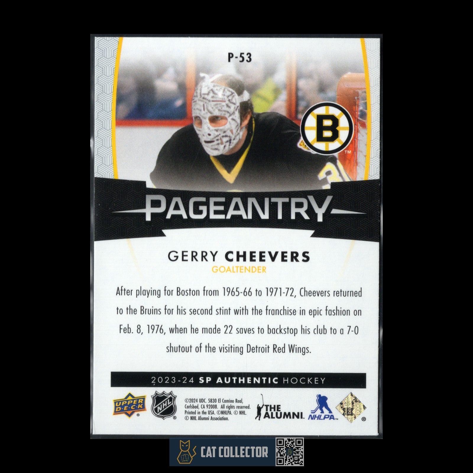 2023-24 UD SP Authentic GERRY CHEEVERS #P-53 Pageantry - Boston Bruins