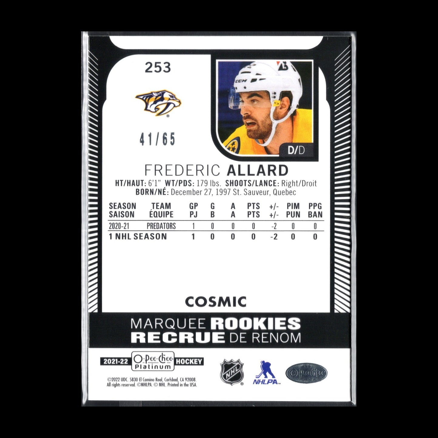 2021-22 O-Pee-Chee Platinum FREDERIC ALLARD #253 Marquee Rookie Cosmic RC /65