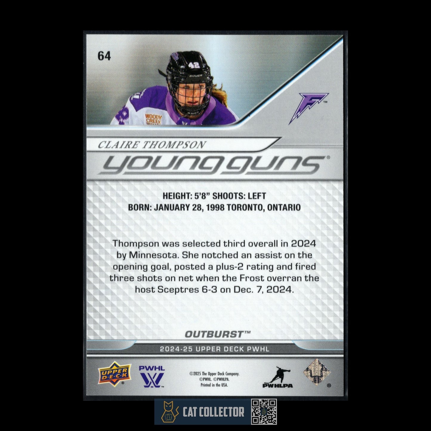 2024-25 UD PWHL CLAIRE THOMPSON #64 Young Guns Outburst Rookie RC
