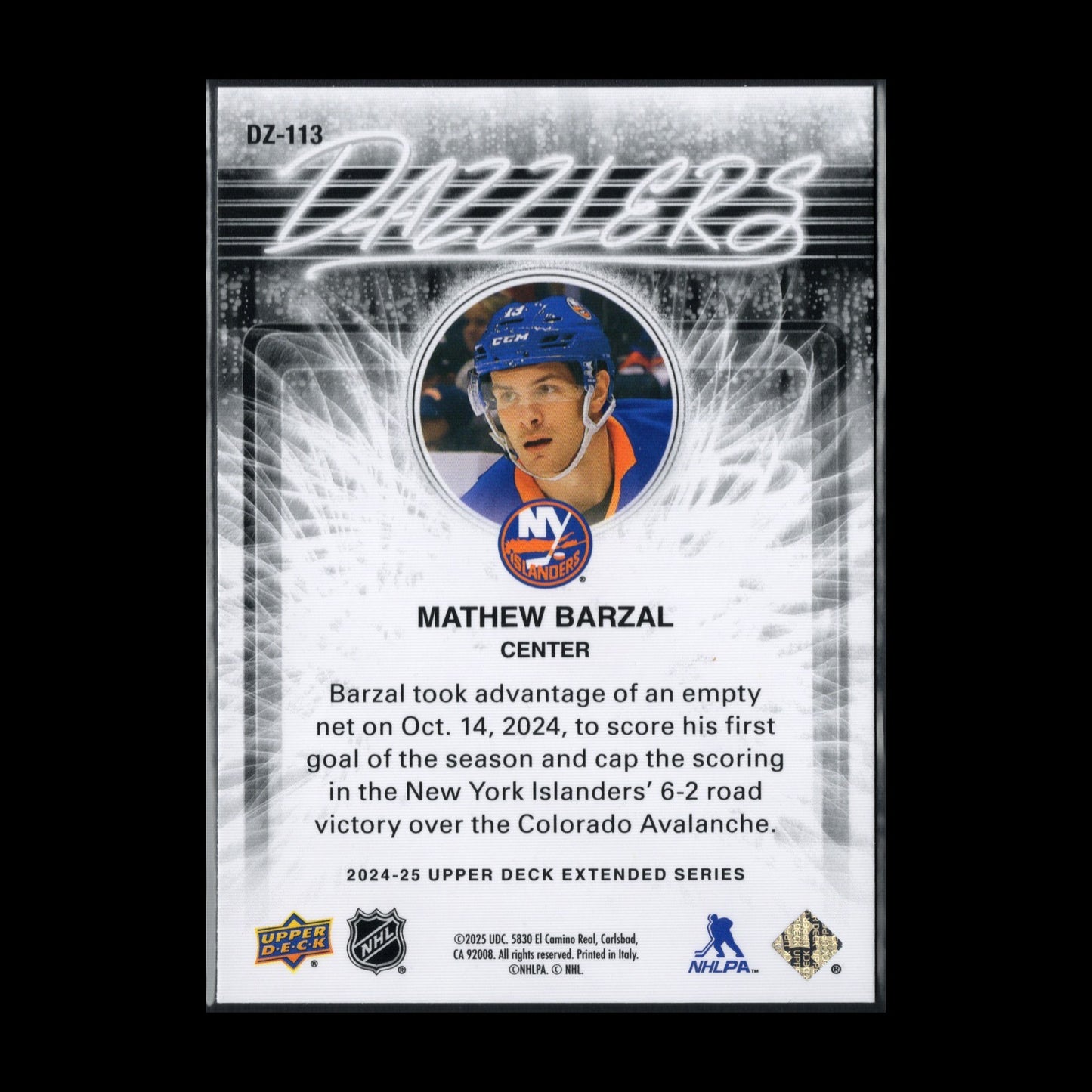 2024-25 UD Extended series MATHEW BARZAL #DZ-113 Dazzlers Green - NY Islanders