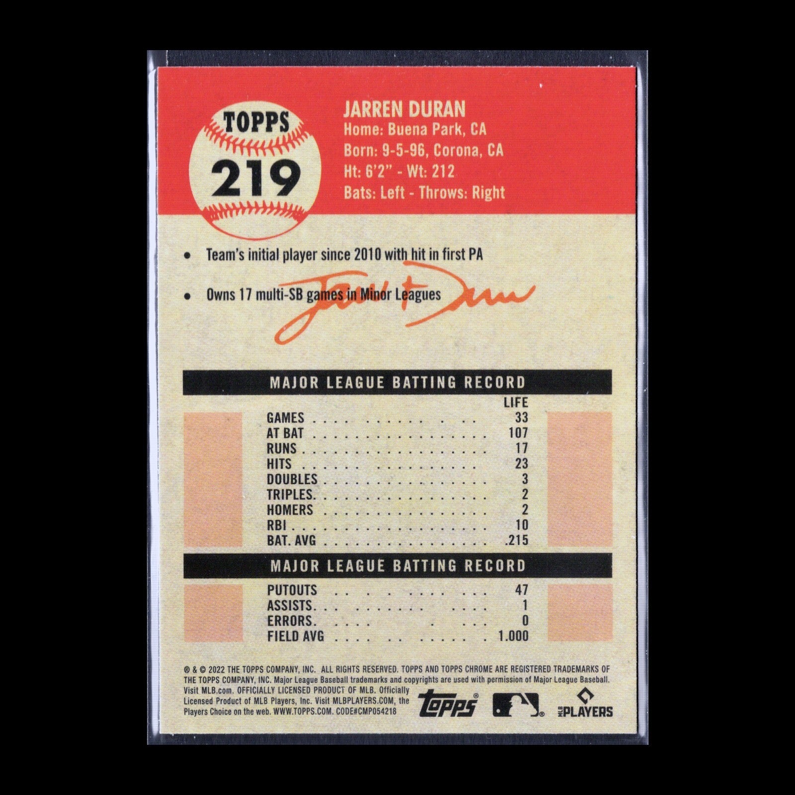 2022 Topps Chrome Platinum Anniversary JARREN DURAN #219 RC