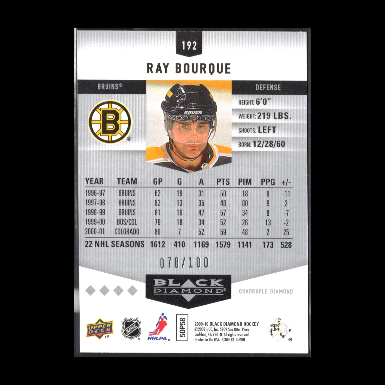 2009-10 UD Black Diamond RAY BOURQUE #192 Ruby /100 - Boston Bruins