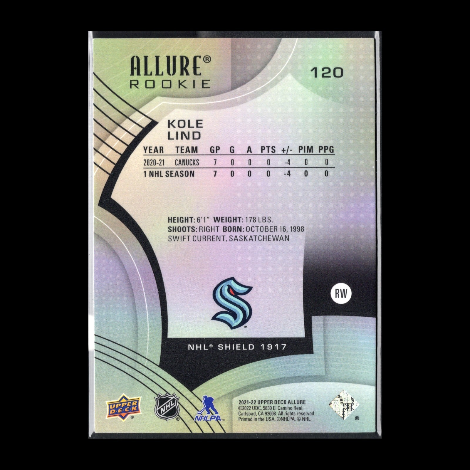 2021-22 UD Allure KOLE LIND #120 NHL Shield 1917 Rookie RC - Seattle Kraken