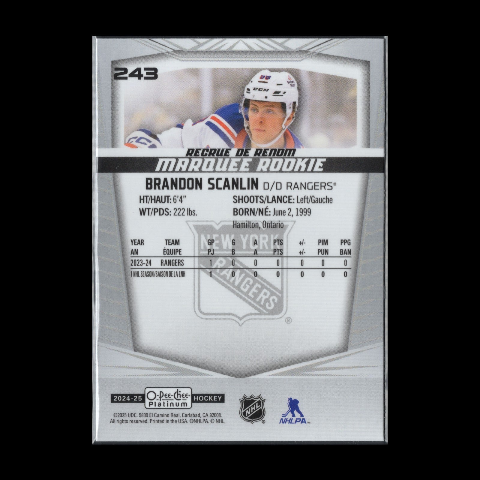 2024-25 O-Pee-Chee Platinum BRANDON SCANLIN #243 Marquee Rookie RC