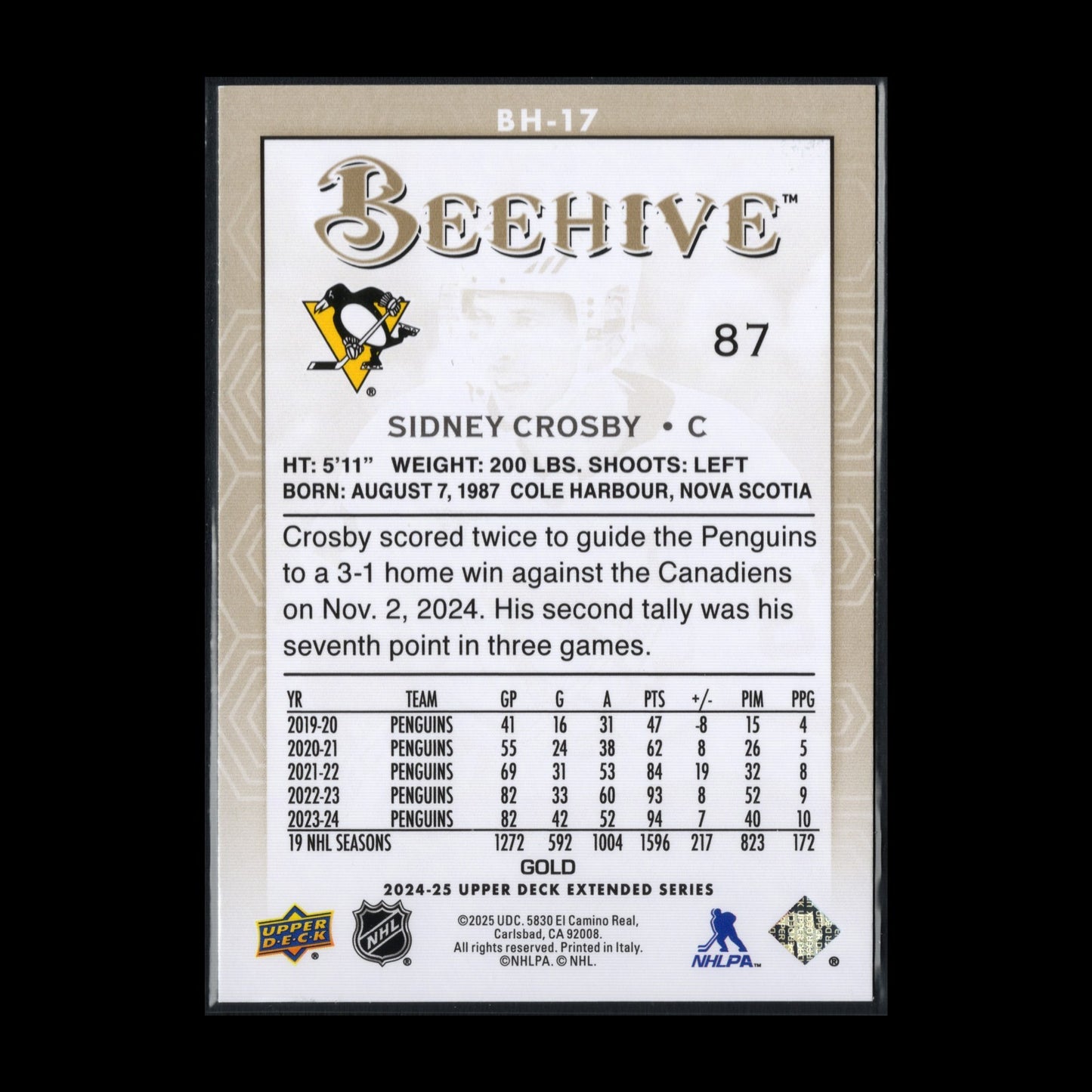 2024-25 UD Extended series SIDNEY CROSBY #BH-17 Beehive Gold