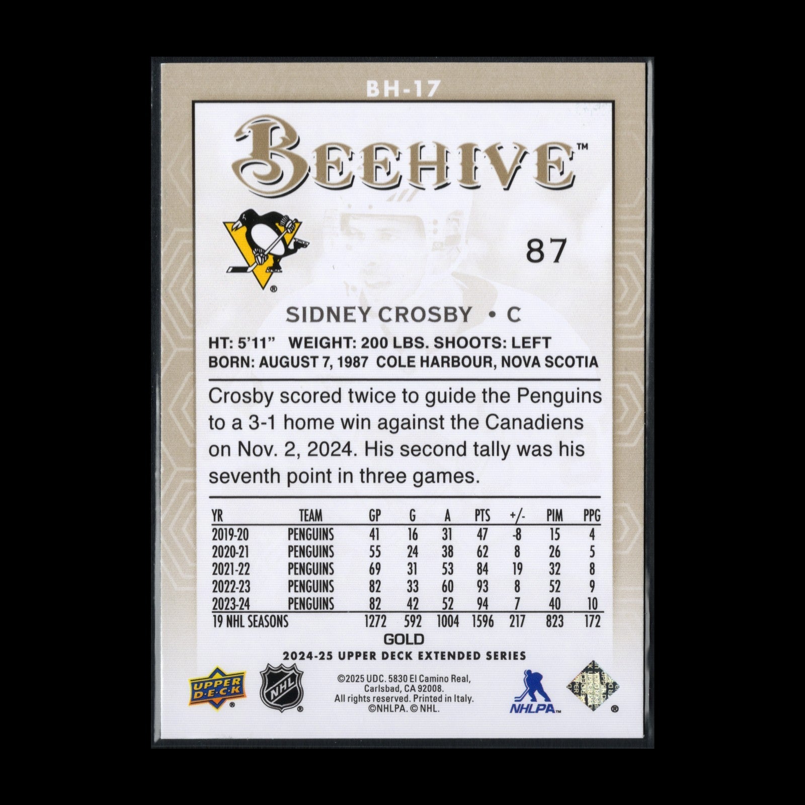 2024-25 UD Extended series SIDNEY CROSBY #BH-17 Beehive Gold