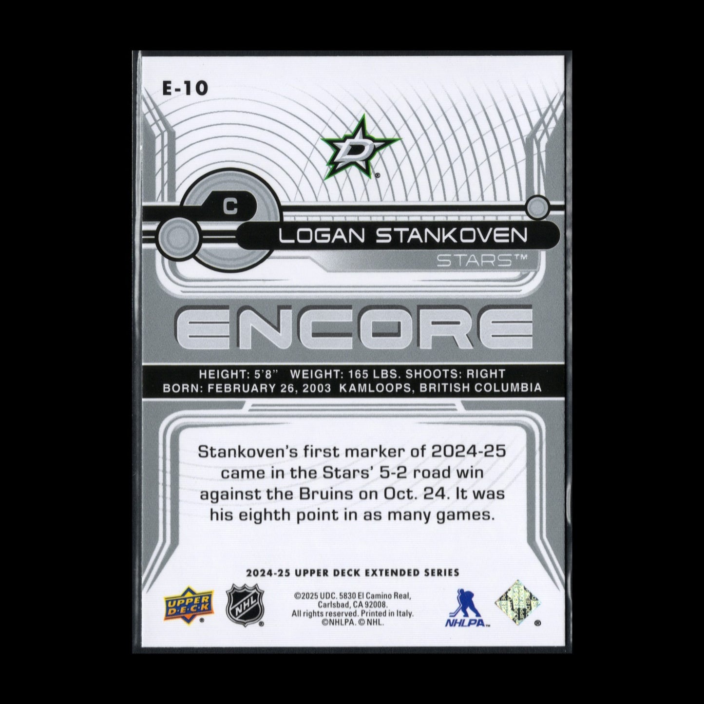 2024-25 UD Extended series LOGAN STANKOVEN #E-10 Encore Rookie RC - Dallas Stars