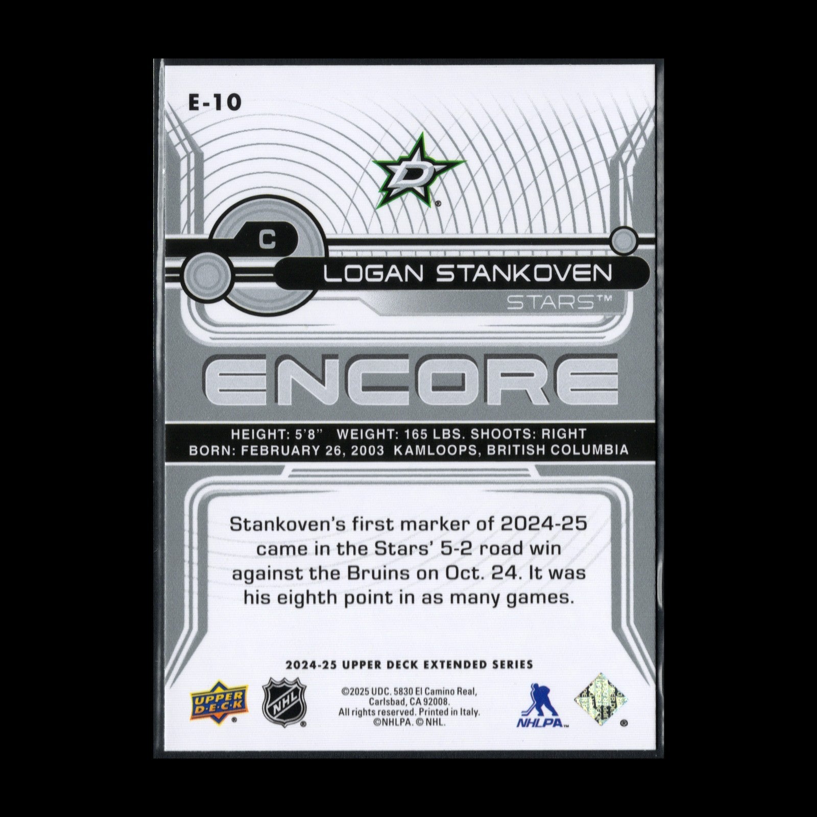 2024-25 UD Extended series LOGAN STANKOVEN #E-10 Encore Rookie RC - Dallas Stars