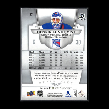 2018-19 Upper Deck The Cup HENRIK LUNDKVIST #37 /249 - New York Rangers