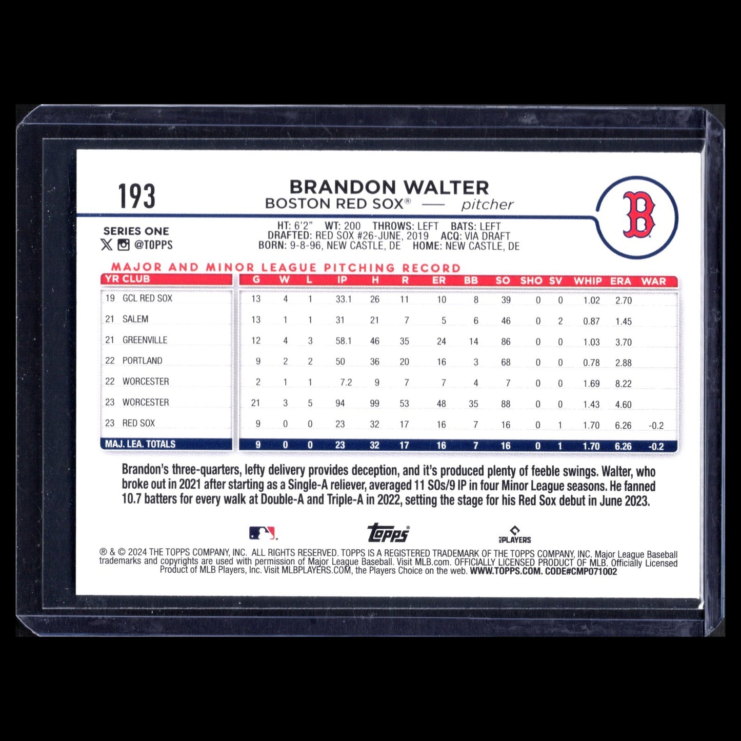 2024 Topps Series 1 BRANDON WALTER #193 Rookie Blue parallel